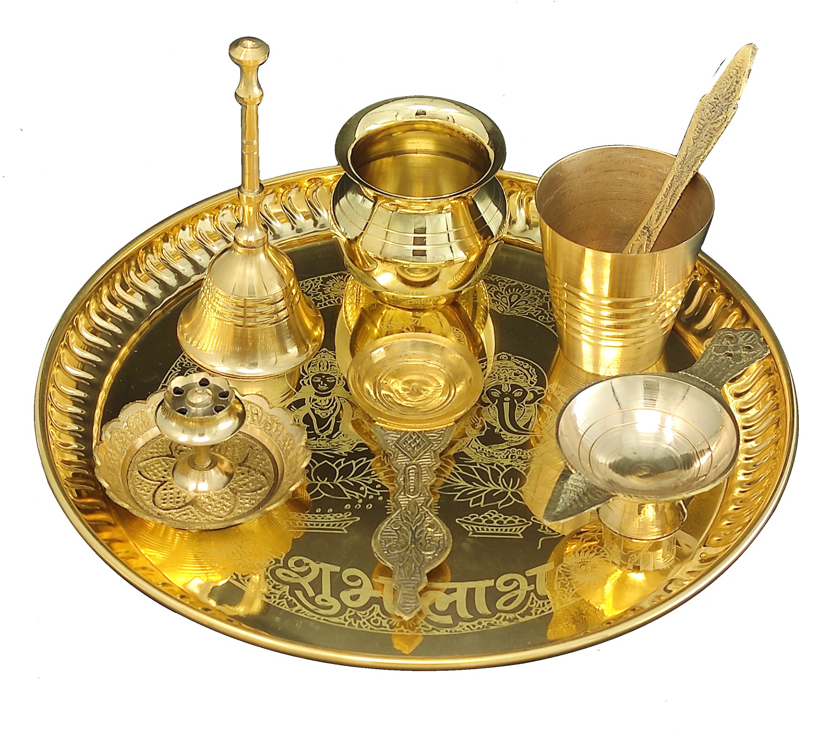 Bengalen Brass Pooja thali Set 8 Inch with Pital Plate Glass Kalash Spoon Ghanti Bowl Agarbatti Stand Kuber Diya Puja Thali for Diwali Home Mandir Office Wedding Return Gift Items