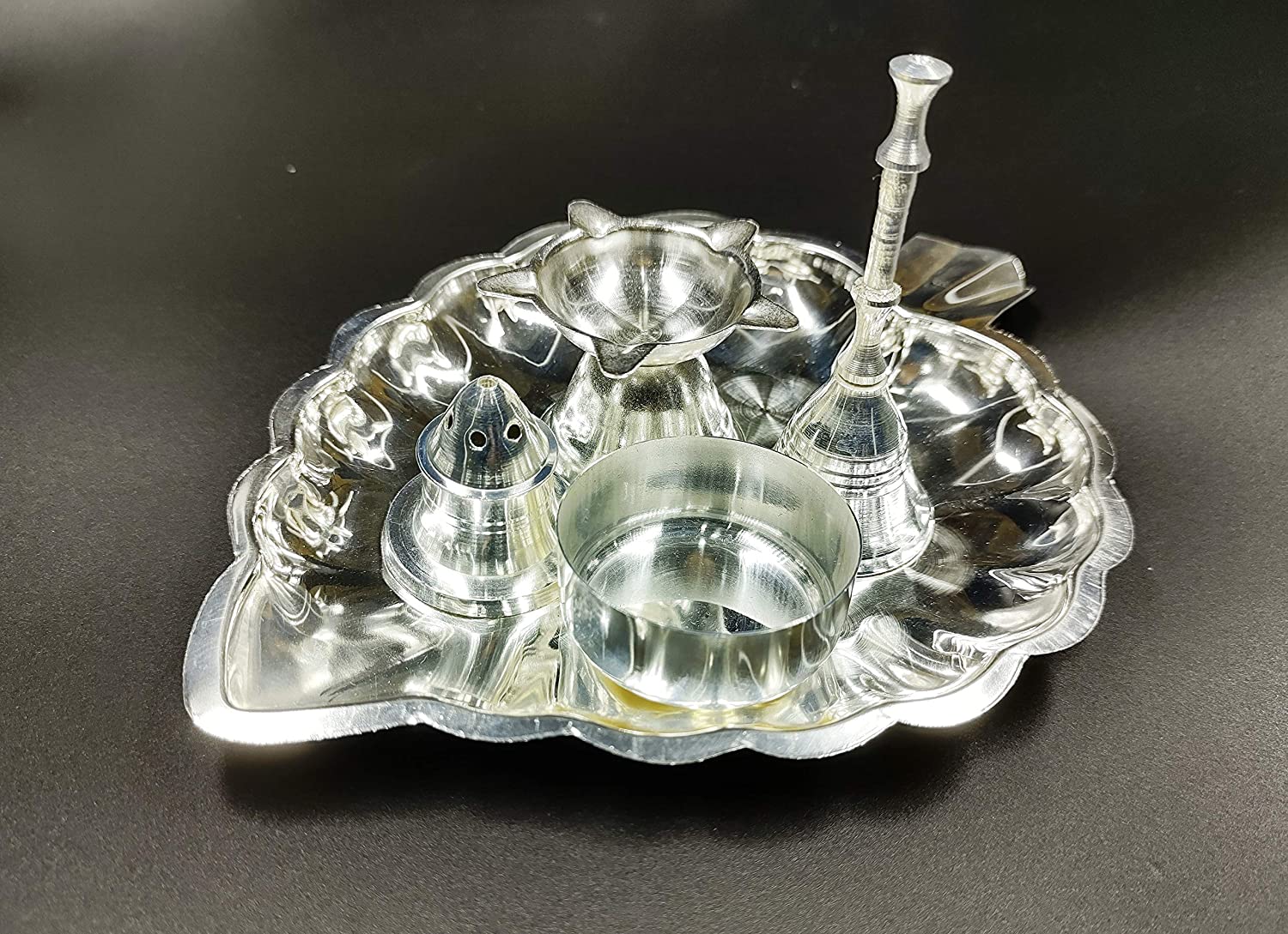 Bengalen Leaf Shaped Silver Plated Pooja thali Set for Festival Ethnic Puja Thali Gift for Diwali, Home, Temple, Office, Wedding Gift