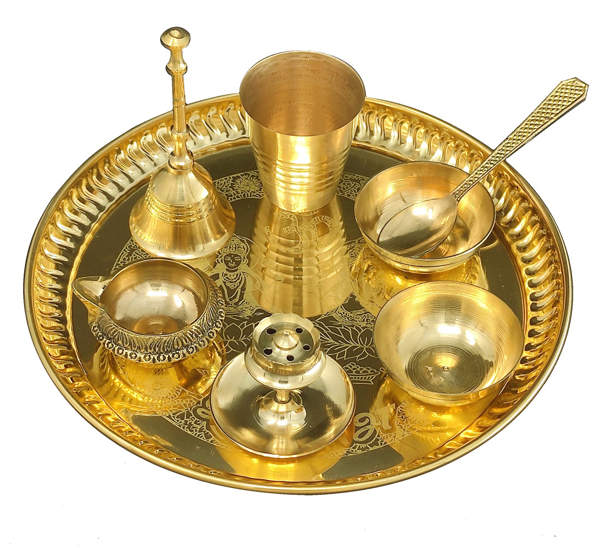 Bengalen Brass Pooja thali Set 8 Inch with Pital Plate Glass Spoon Ghanti Bowl Agarbatti Stand Kuber Diya Puja Thali for Diwali Home Mandir Office Wedding Return Gift Items