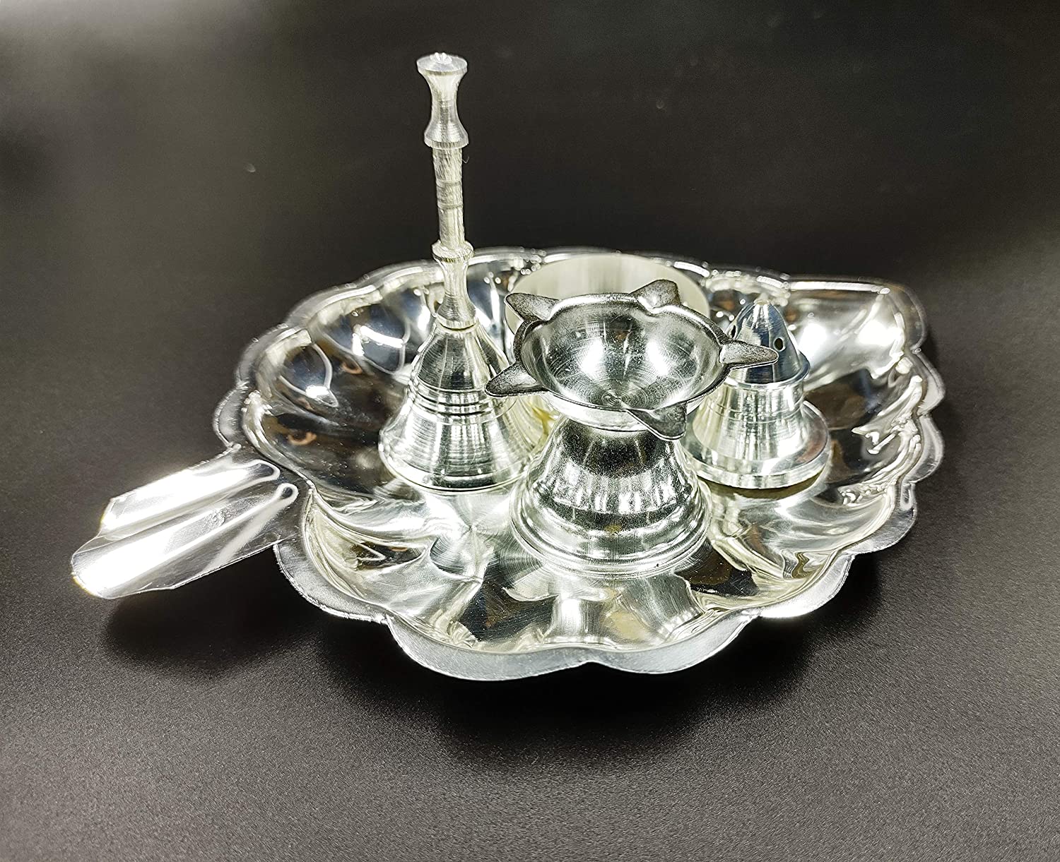 Bengalen Leaf Shaped Silver Plated Pooja thali Set for Festival Ethnic Puja Thali Gift for Diwali, Home, Temple, Office, Wedding Gift