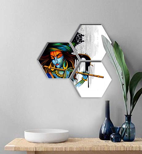 Nobility Set of 3 Hexagon Krishna 6MM MDF Painting UV Textured Home Decorative Wall Art Showpiece Figurine Idol Statue