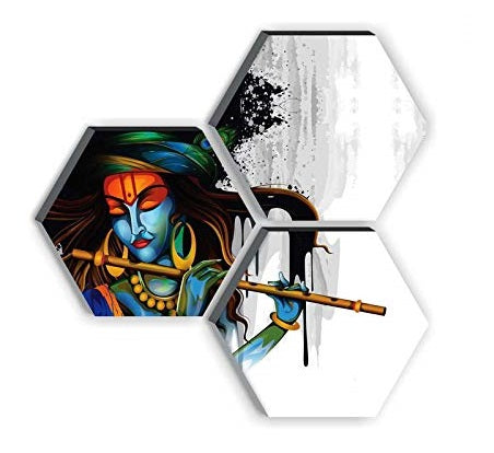 3 ষড়ভুজ কৃষ্ণ 6MM MDF পেইন্টিং ইউভি টেক্সচার্ড হোম ডেকোরেটিভ ওয়াল আর্ট শোপিস মূর্তি প্রতিমা মূর্তি এর আভিজাত্য সেট