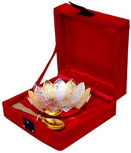 Bengalen Gold and Silver Plated Floral Bowl, Spoon Set Gift Items