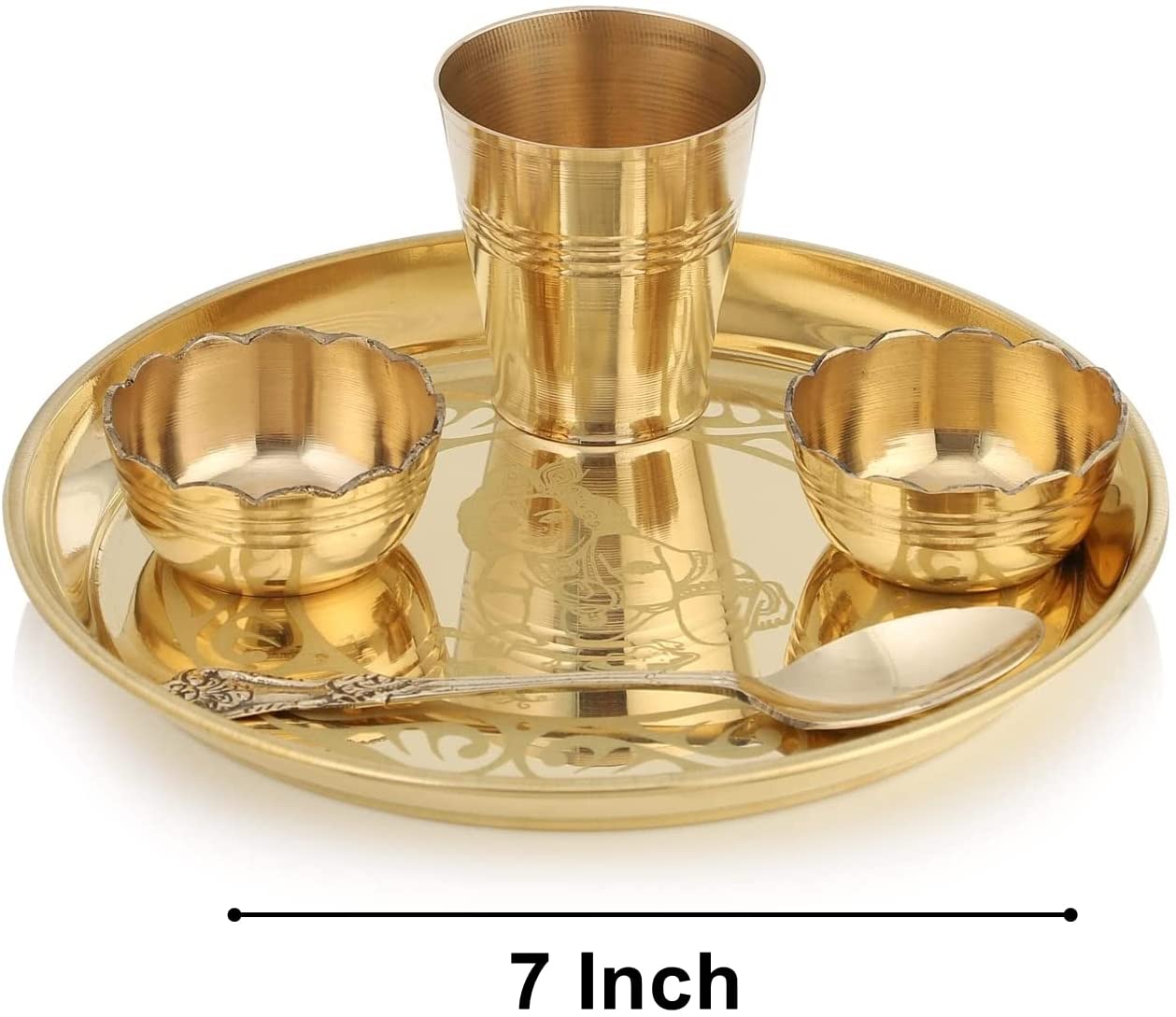 Bengalen Brass Pooja Bhog thali Set 7 Inch Festival Kanha Krishna Thali Puja Set for Diwali Home Office Mandir Wedding Return Gift Items