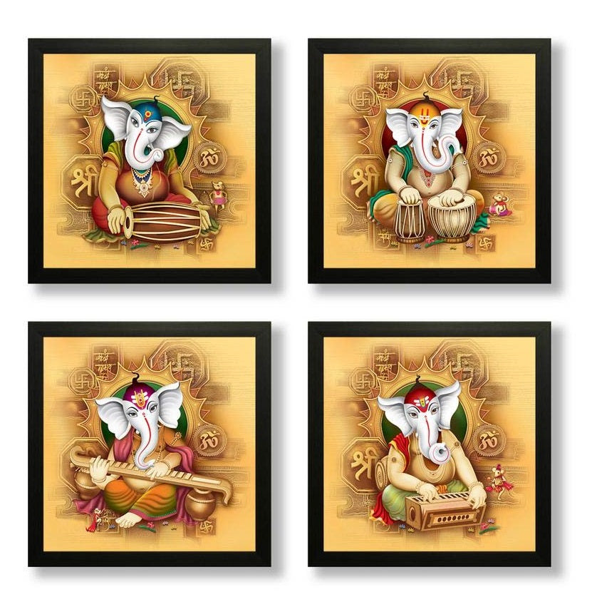 Nobility Ganesha Painting Set of 4 UV Textured Wall Art Ganesh Statues Idols for Home Wall Decor Gift Items