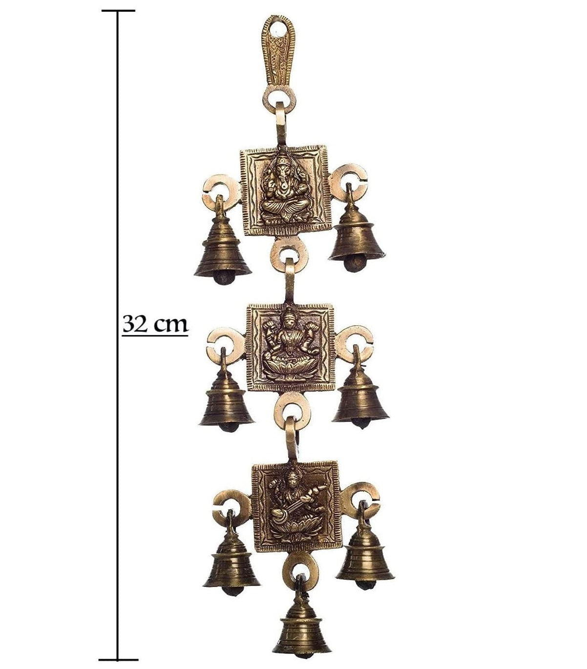 Bengalen Brass Ganesh Lakshmi Saraswati Bells Wall Hanging Idol Decorative Showpiece Antique Finish Wall Art Decor Statue