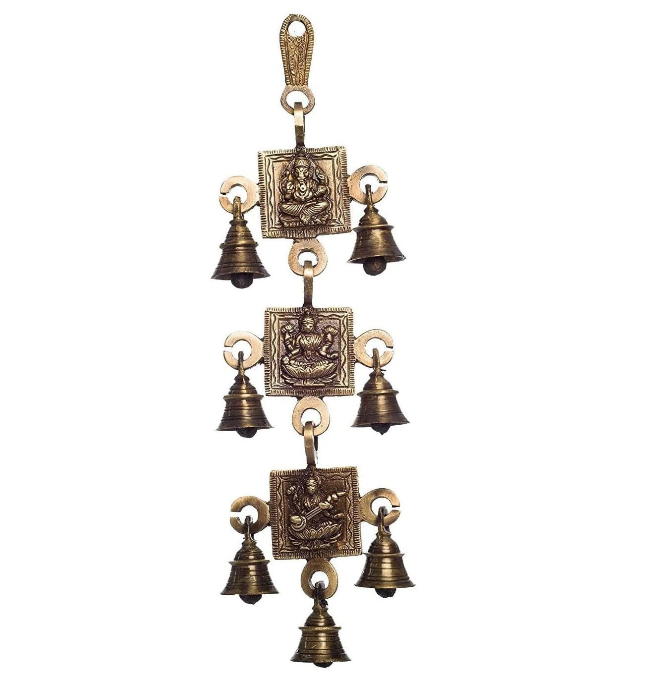 Bengalen Brass Ganesh Lakshmi Saraswati Bells Wall Hanging Idol Decorative Showpiece Antique Finish Wall Art Decor Statue