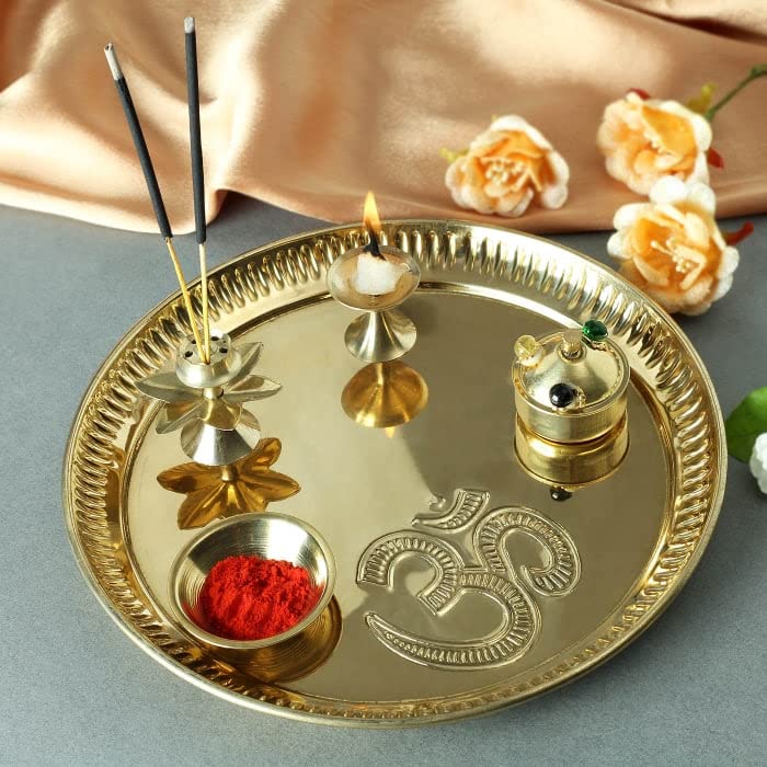 Bengalen Brass Pooja thali Set 8 Inch Festival Ethnic Puja Thali for Diwali Home Office Mandir Wedding Return Gift Items
