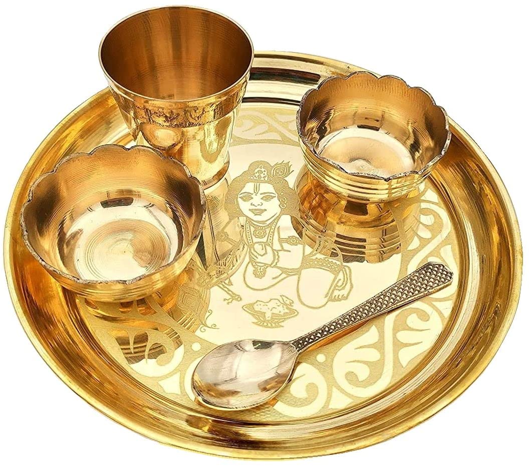 Bengalen Brass Pooja Bhog thali Set 7 Inch Festival Kanha Krishna Thali Puja Set for Diwali Home Office Mandir Wedding Return Gift Items