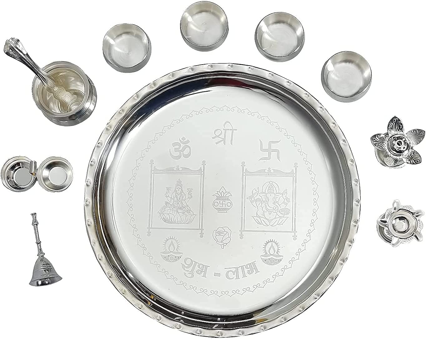 Bengalen Premium Silver Plated Puja Thali Set 12 Inch with Accessories for Festival Ethnic Pooja Thali Set Gift for Home, Temple, Office, Wedding Gift