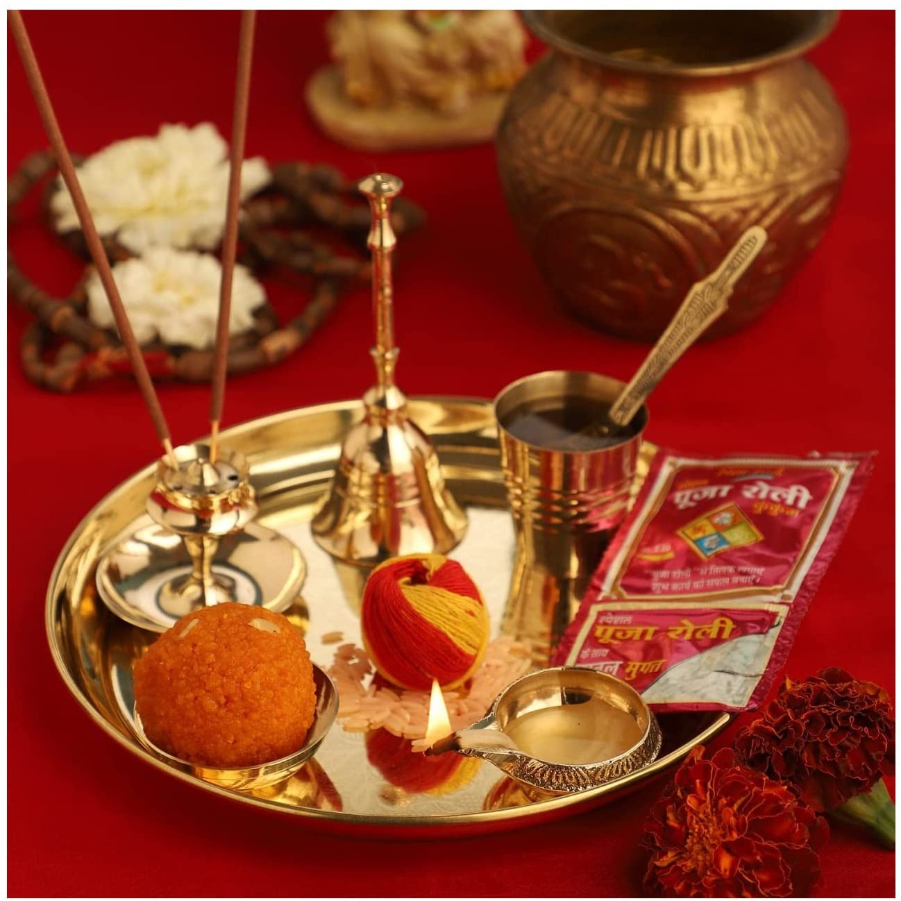 GOLDGIFTIDEAS 7 Inch Brass Designer Pooja Thali Set for Gift, Pooja Items  for Home Temple, Return Gifts for Festival