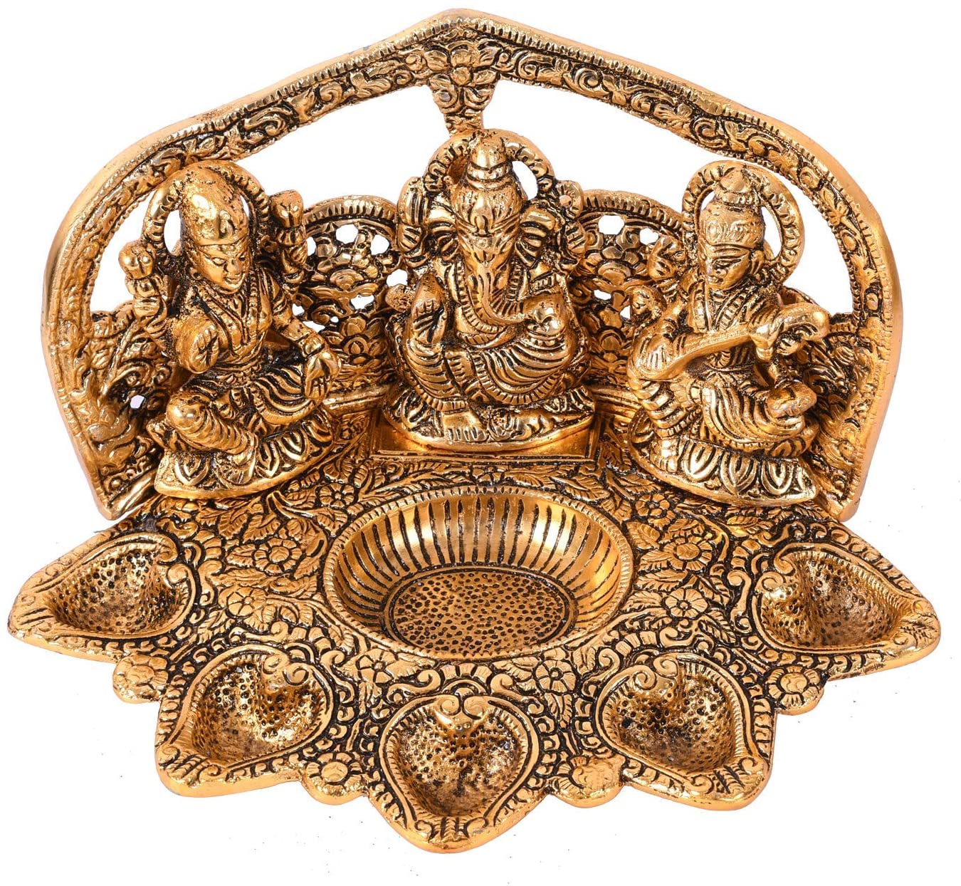 Bengalen Ganesh Lakshmi Saraswati Idol with Diya Oil Deepak Metal Lakshmi Ganesha Showpiece Statue for Puja Home Decorative Items Gift Items