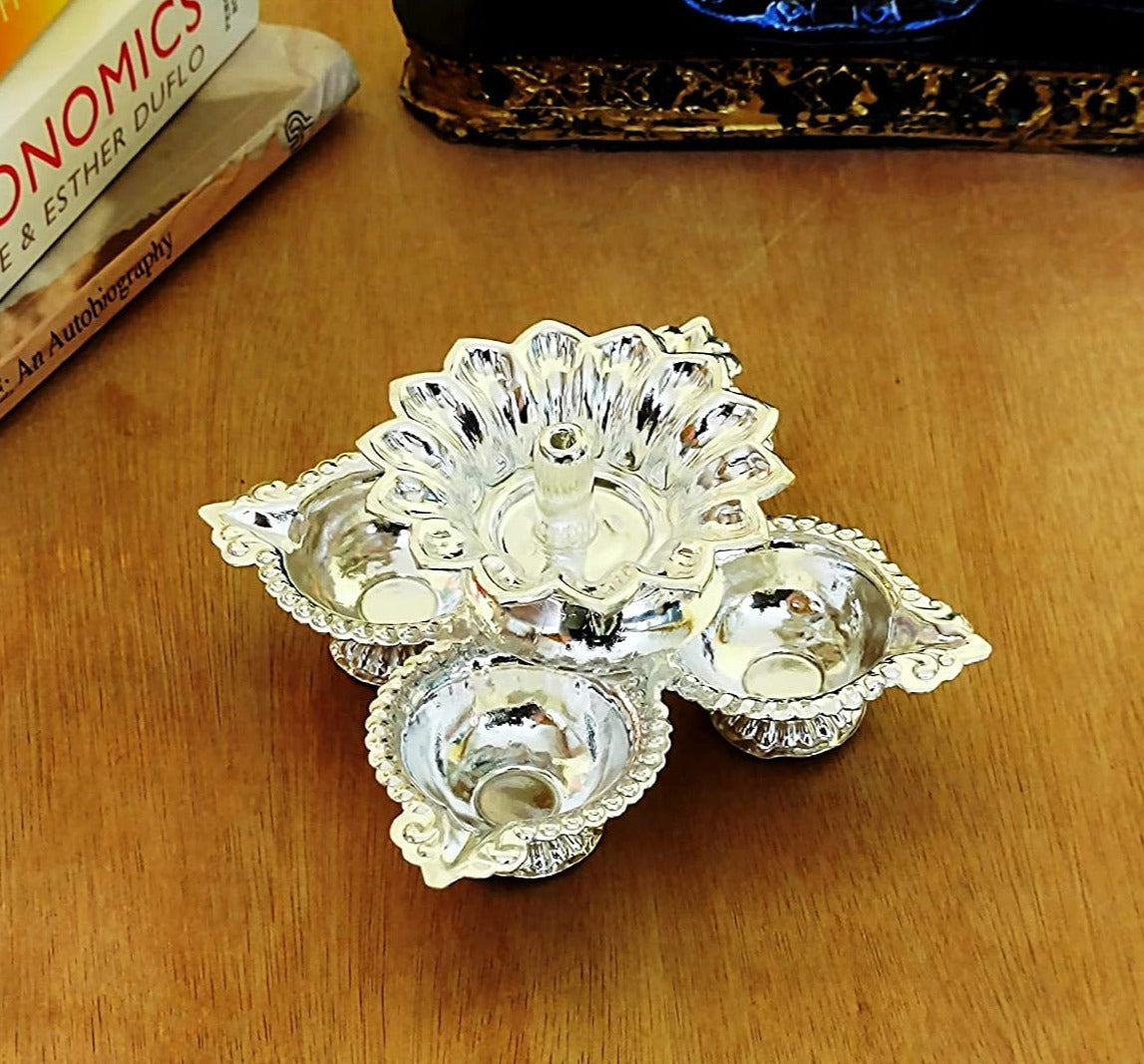Bengalen Silver Plated Panchmukhi Diya Pooja Thali Set, Puja Items for Poojan Purpose, Wedding Return Gift Articles for Home Decor
