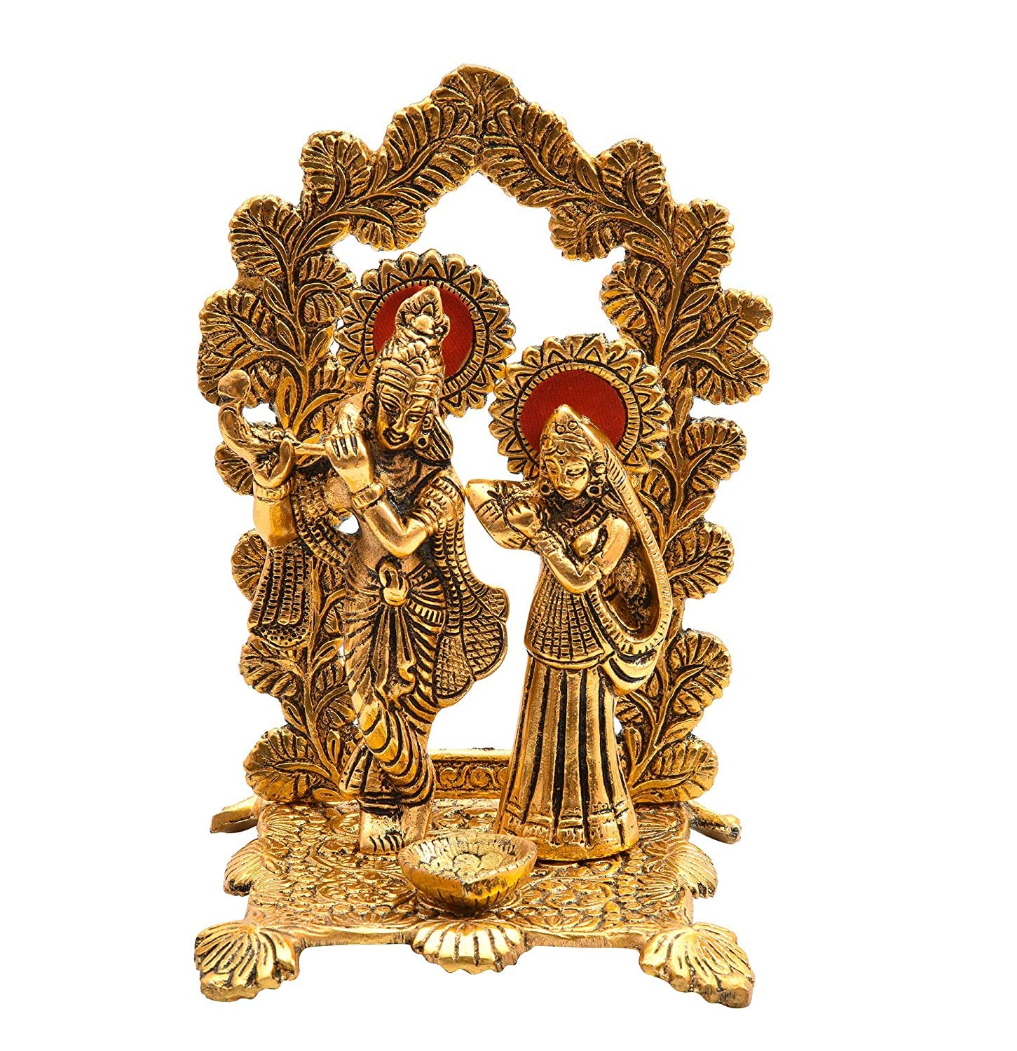 Bengalen Metal Gold Plated Radha Krishna Idol Statue with Diya Hindu Religious Radha Krishan Showpiece