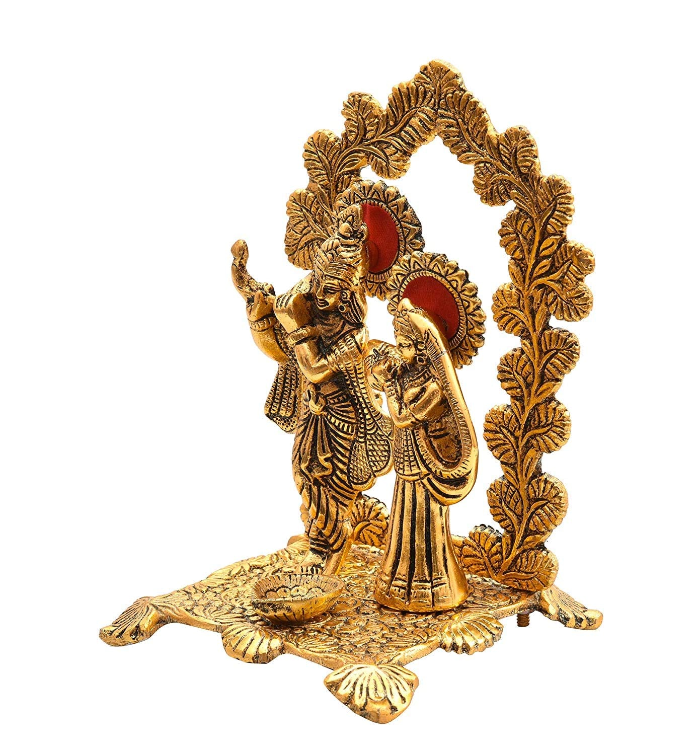 Bengalen Metal Gold Plated Radha Krishna Idol Statue with Diya Hindu Religious Radha Krishan Showpiece