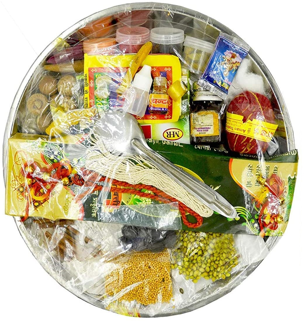 Bengalen Complete All in one Puja Thali Set Pack with 31 Exclusive Pooja Samagri Items for Diwali & Others Puja with 10g German Silver Coin