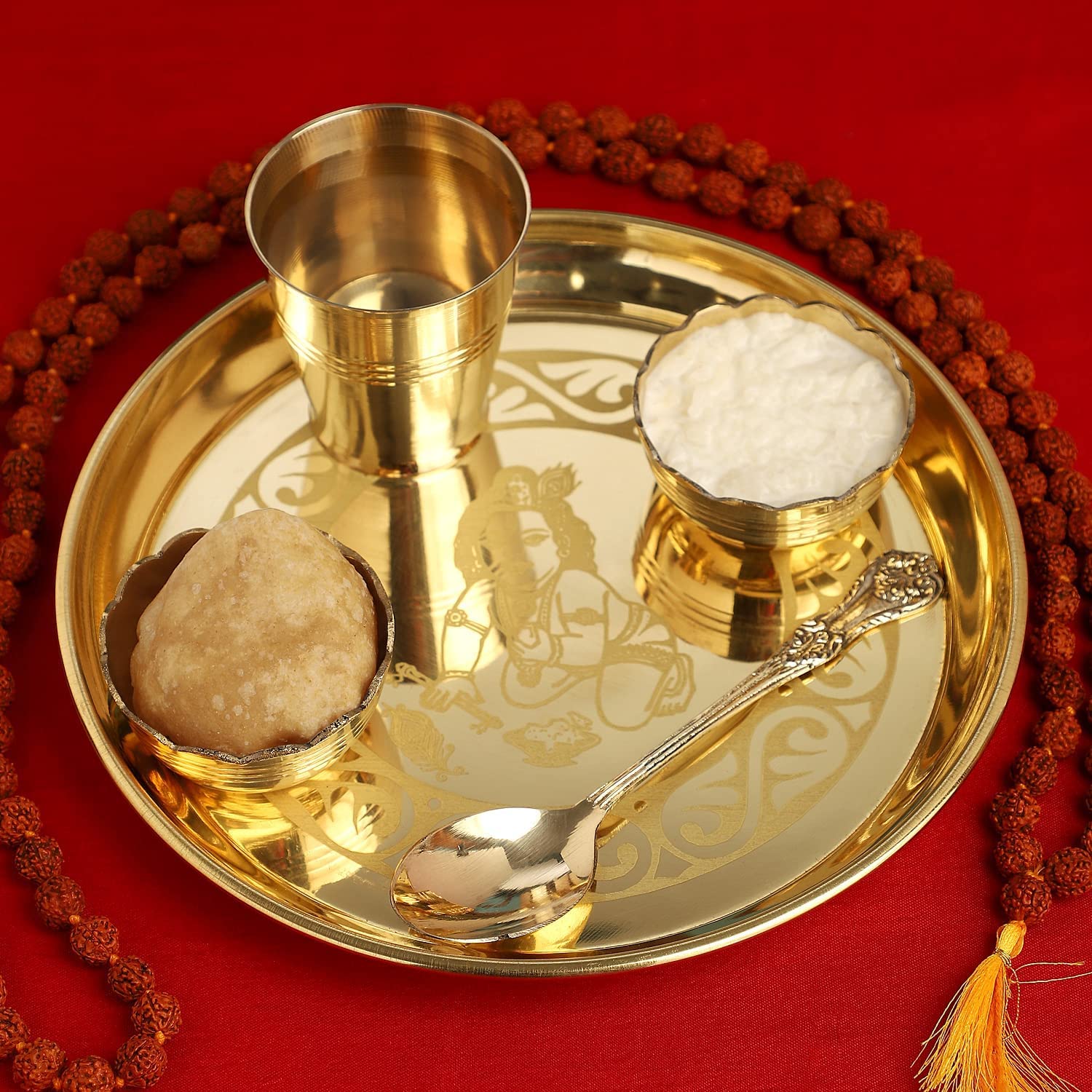 Bengalen Brass Pooja Bhog thali Set 7 Inch Festival Kanha Krishna Thali Puja Set for Diwali Home Office Mandir Wedding Return Gift Items