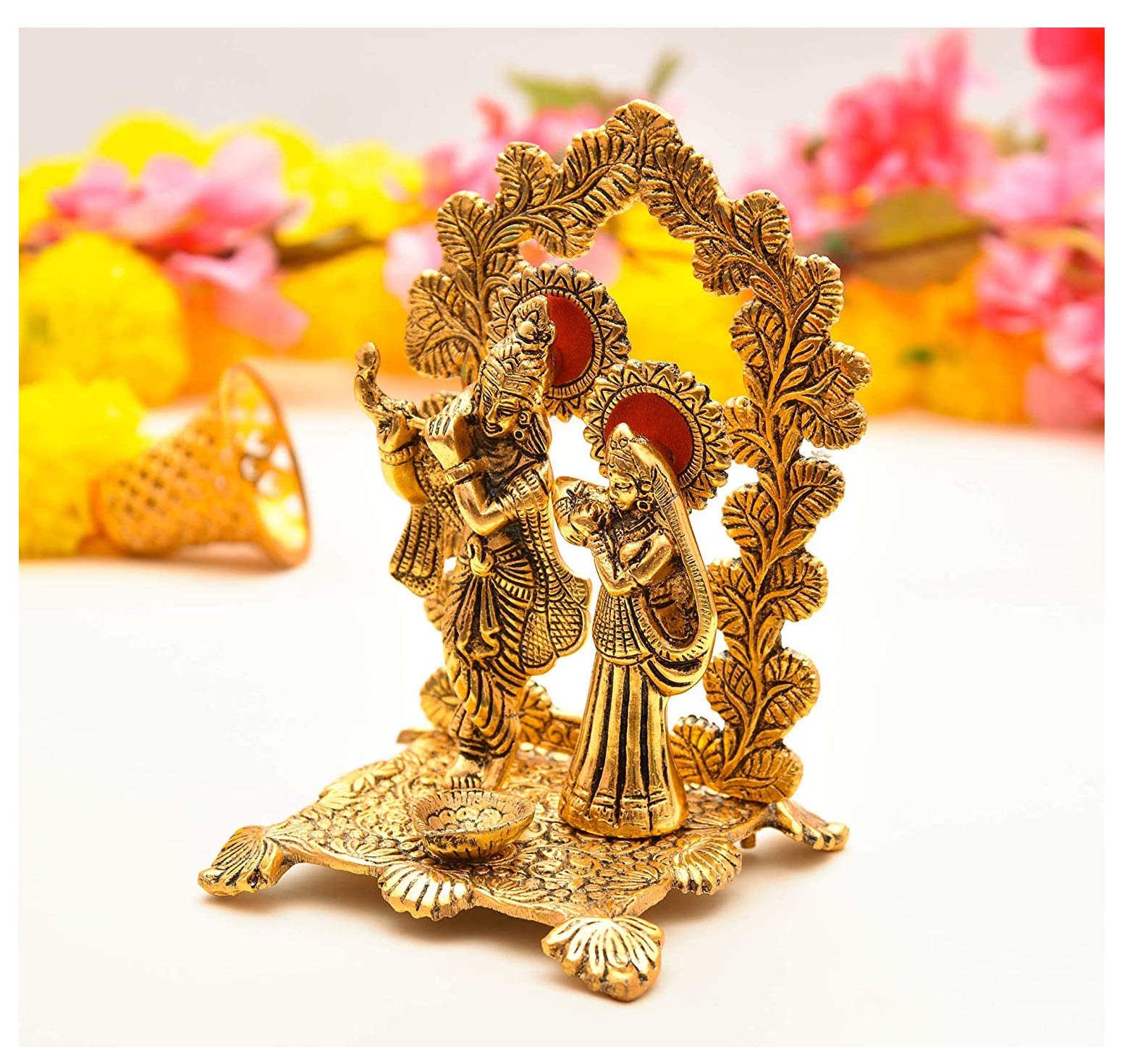 Bengalen Metal Gold Plated Radha Krishna Idol Statue with Diya Hindu Religious Radha Krishan Showpiece
