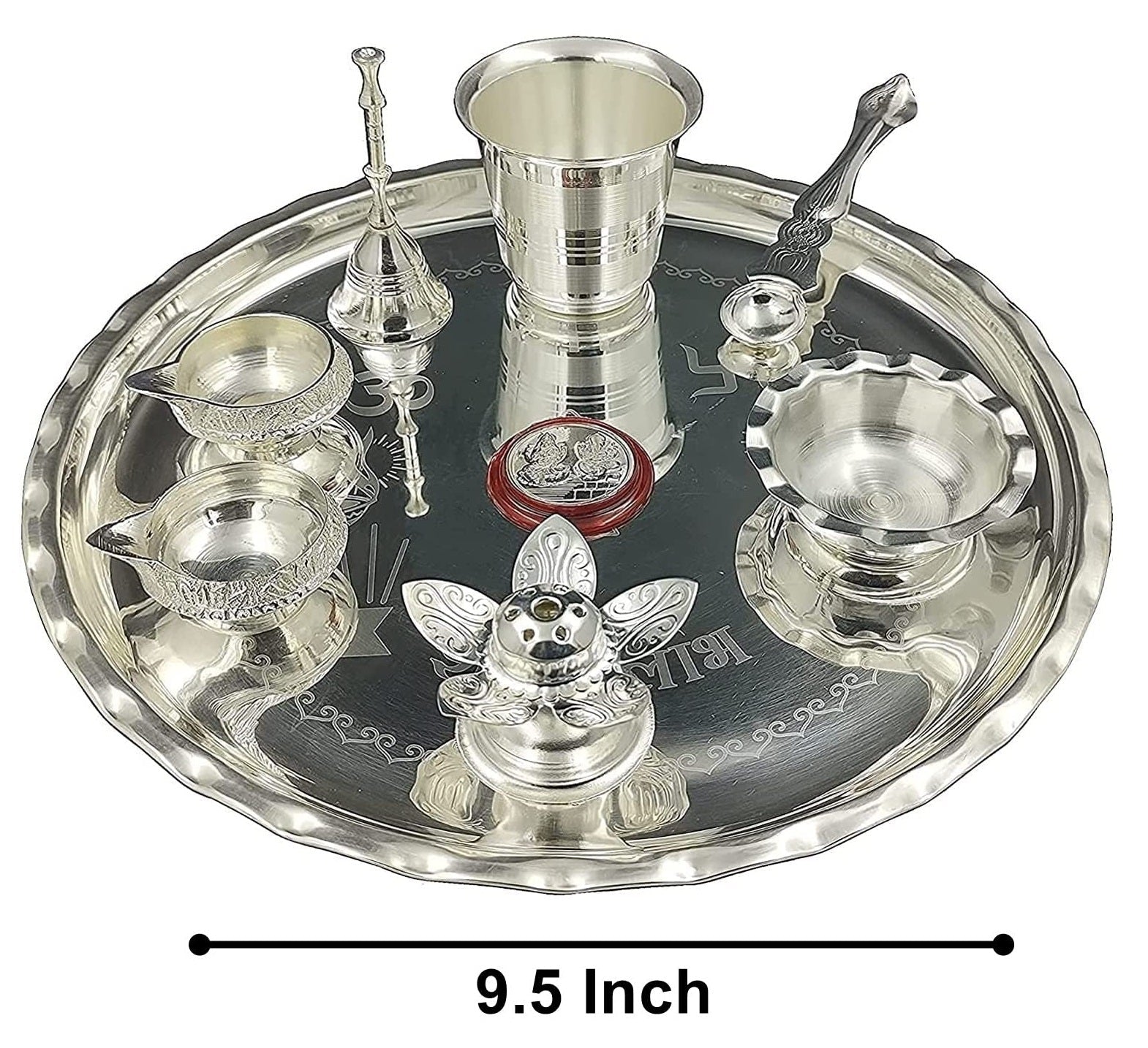 Bengalen Silver Plated Pooja Thali Set 9.5 Inch with Coin Kuber Diya Dhup Dani Bowl Spoon Glass Ghanti