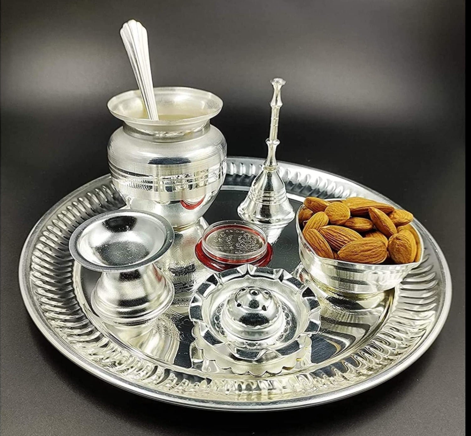 Bengalen Ganesh Lakshmi Design Silver Plated Premium Pooja Thali Set 8 Inch with Coin and Accessories for Festival Ethnic Puja Thali Gift Items