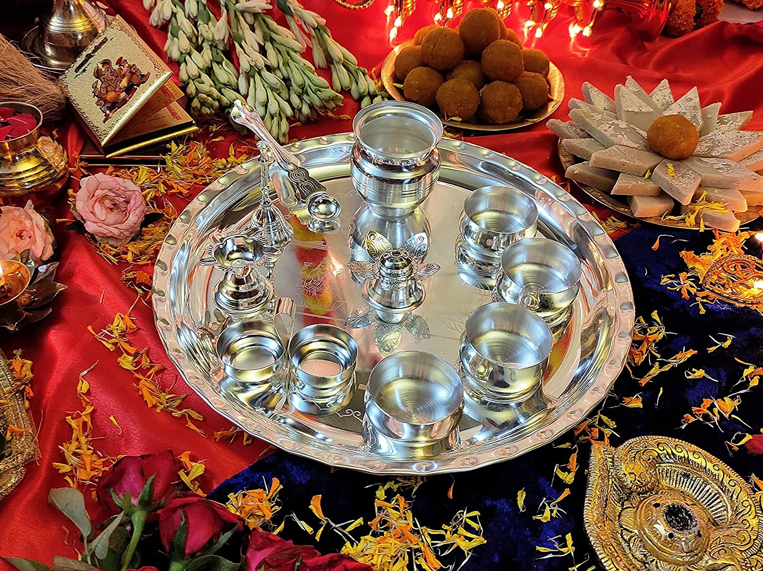Bengalen Premium Silver Plated Puja Thali Set 12 Inch with Accessories for Festival Ethnic Pooja Thali Set Gift for Home, Temple, Office, Wedding Gift