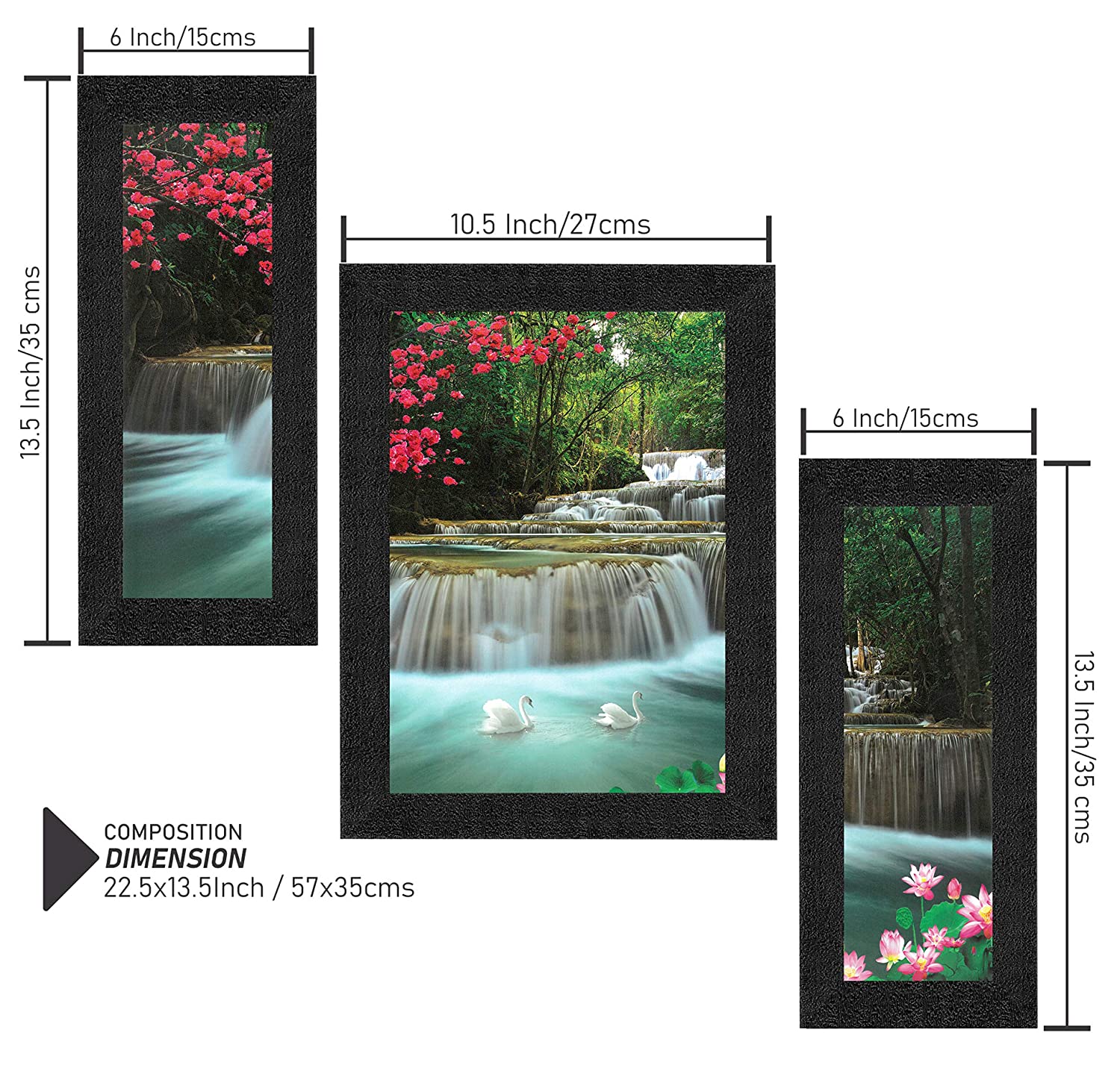 Nobility Set of 3 Waterfall in Forest Nature UV Coated Home Decorative Gift Item Framed Painting