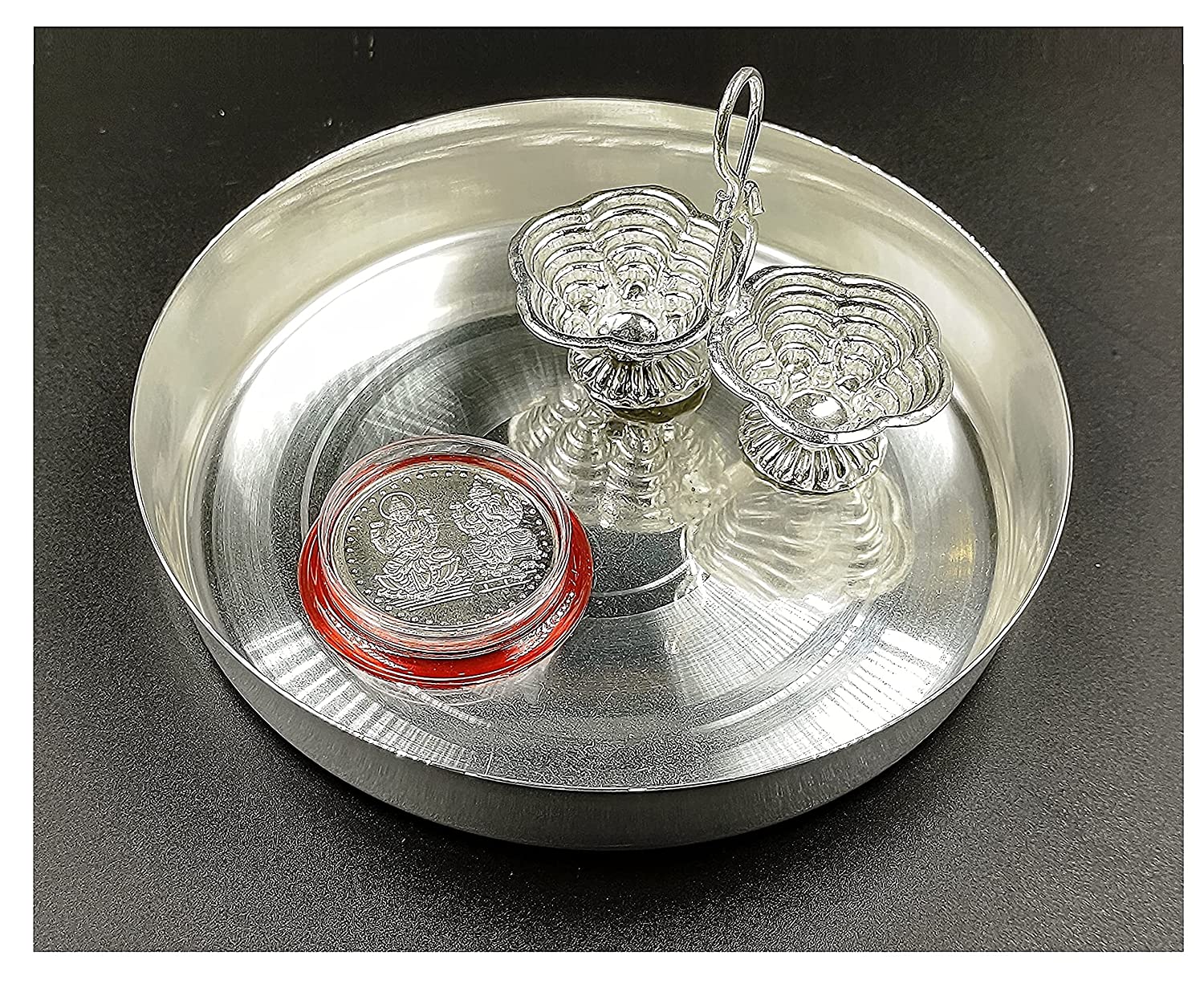 BENGALEN Silver Plated Pooja Thali Set 5 Inch Occasional Puja Thali Decorative for Diwali, Home, Office, Wedding Return Gift Items