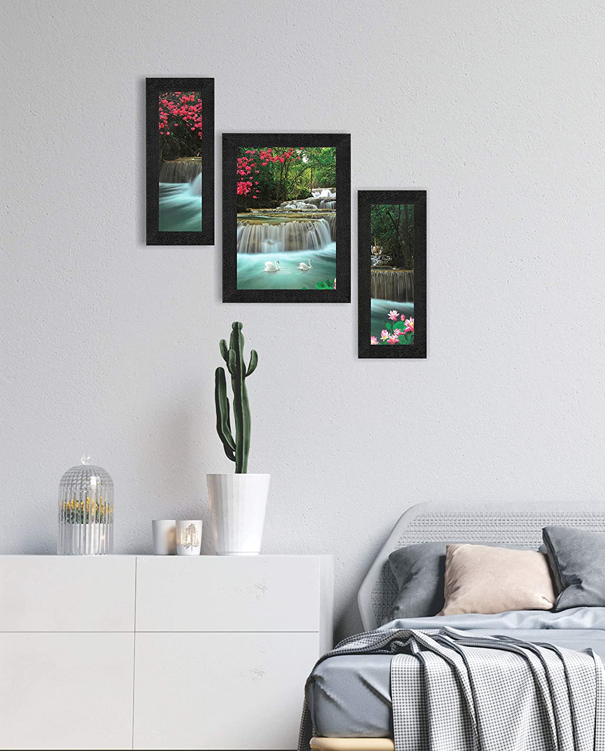 Nobility Set of 3 Waterfall in Forest Nature UV Coated Home Decorative Gift Item Framed Painting