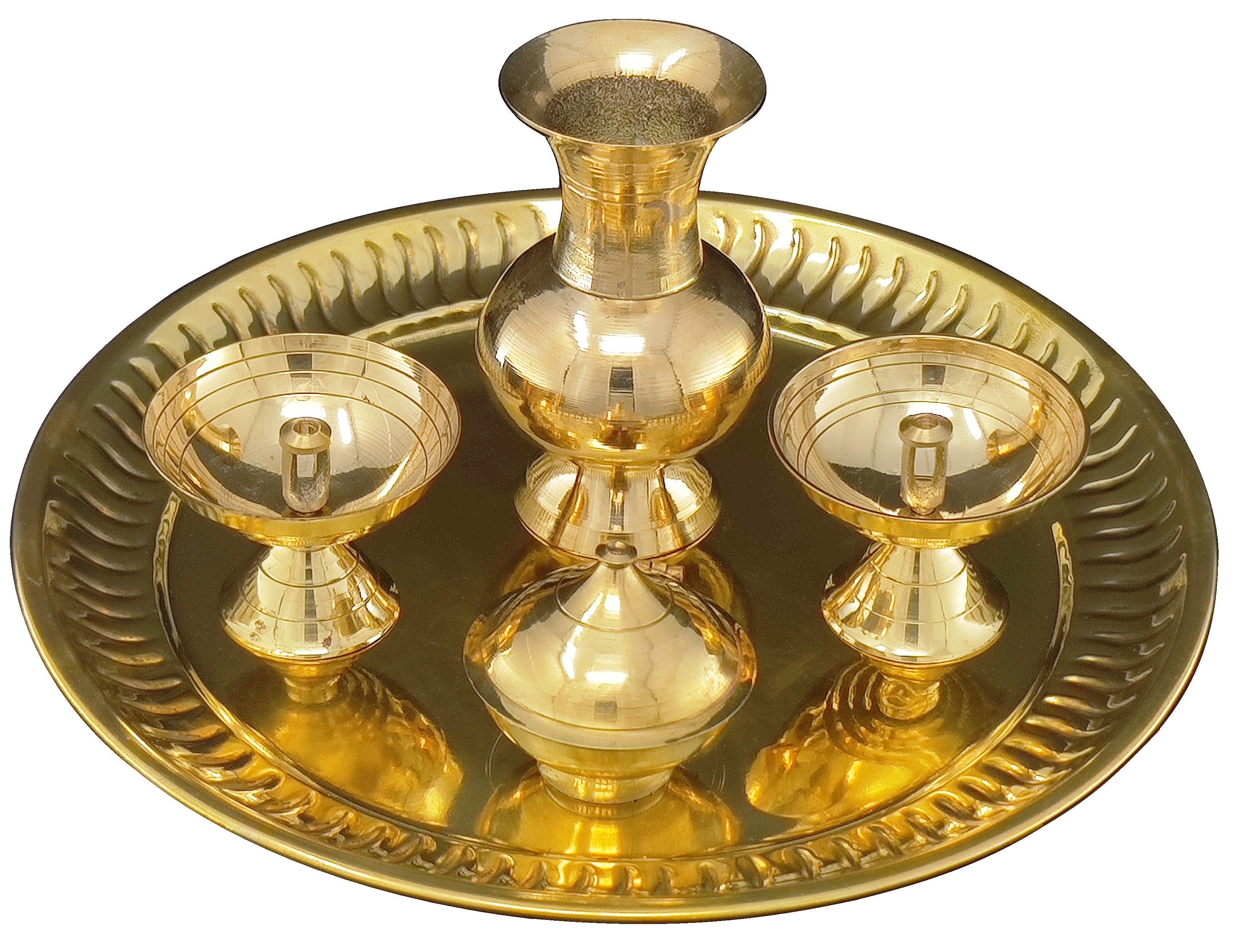 Bengalen Brass Pooja thali 8 Inch with Kalash Diya and other Accessori