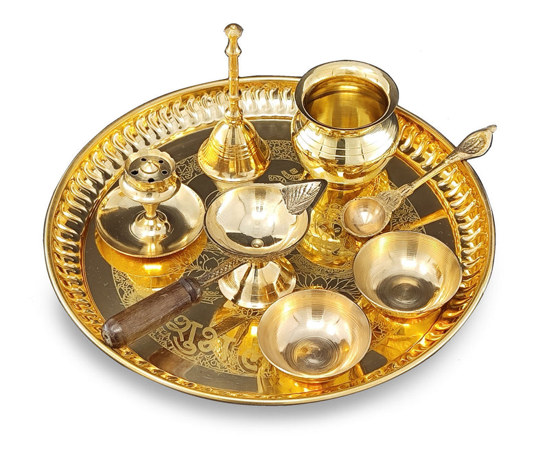 BENGALEN Brass Pooja Thali Set 8 Inch with Pital Puja Plate Kalash Bowl Palli Chandan Wati Diya Ghanti Dhup Dan Arti Thali for Diwali Home Office Mandir Wedding Return Gift Items