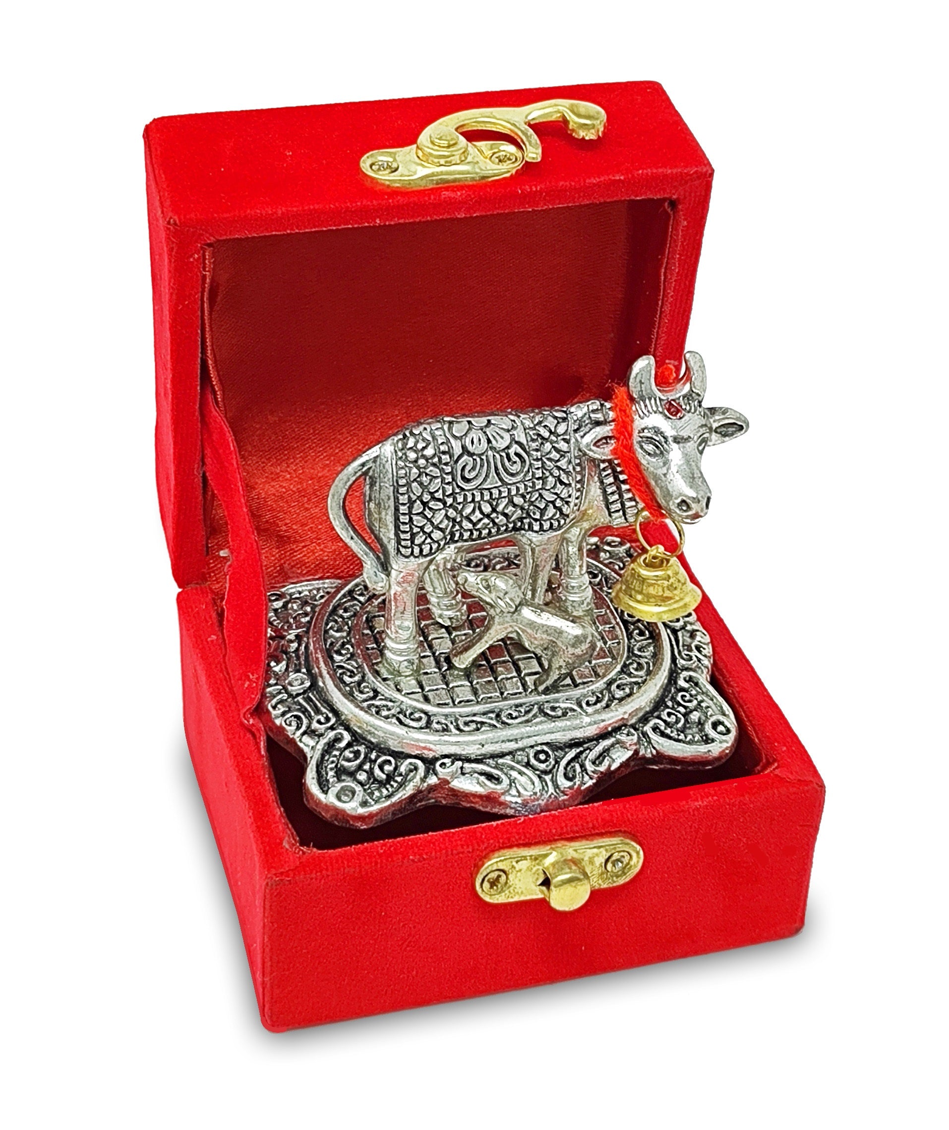 BENGALEN Small Kamdhenu Cow and Calf with Red Velvet Box Metal Statue, Decorative Showpiece for Home, Office, Diwali Decoration, Wedding Return Gift