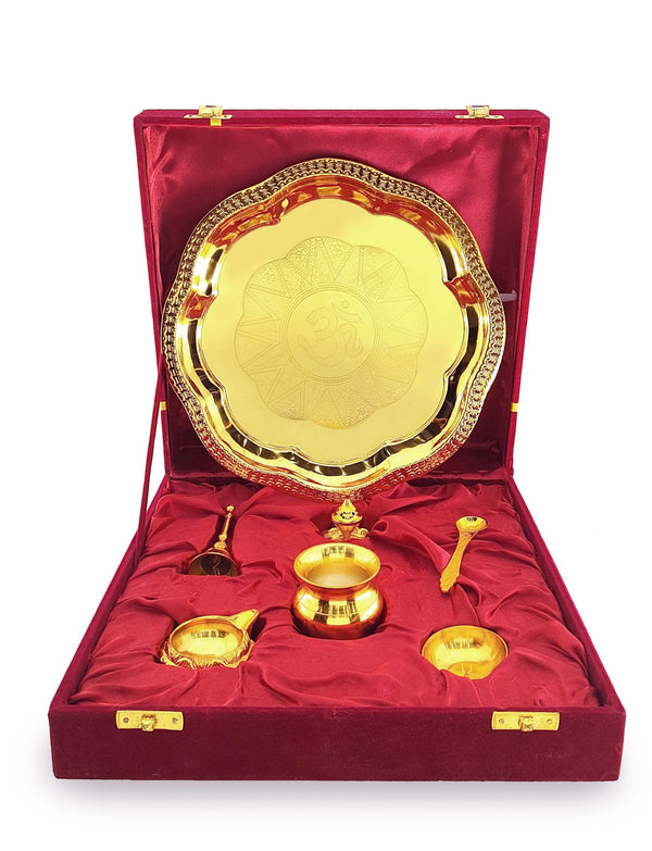 BENGALEN Pooja Thali Set Gold Plated with Gift Box 22 cm Designed Puja Plate Kalash Ghanti Bowl Spoon Dhup Dan Diya for Housewarming Diwali Wedding Gift Items