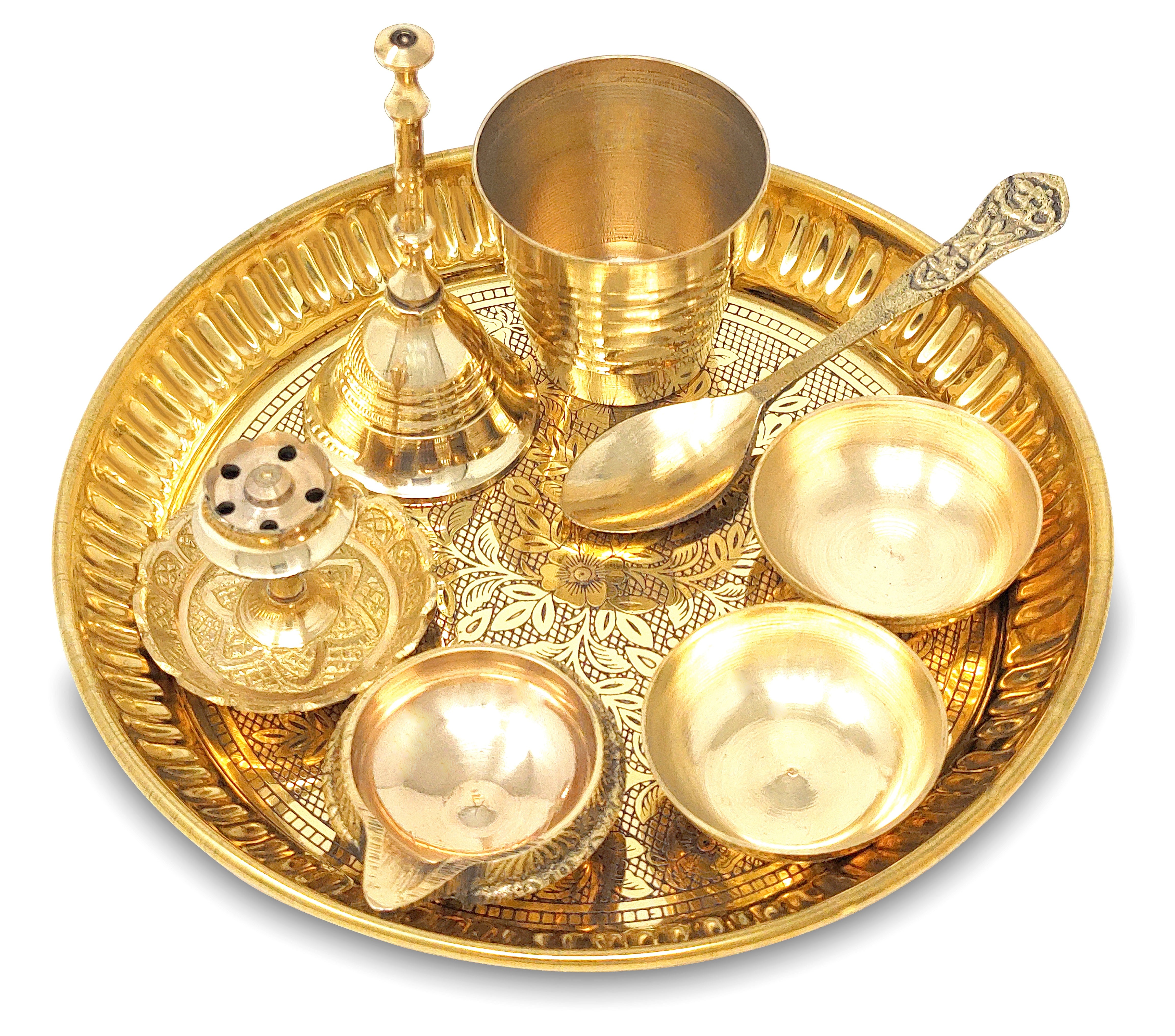 BENGALEN Brass Pooja Thali Set 6 Inch Puja Thali with Pital Plate Glass Chandan Wati Dhup Dan Kuber Deep Ghanti Spoon Arti Thali for Diwali Home Office Mandir Wedding Return Gift Items