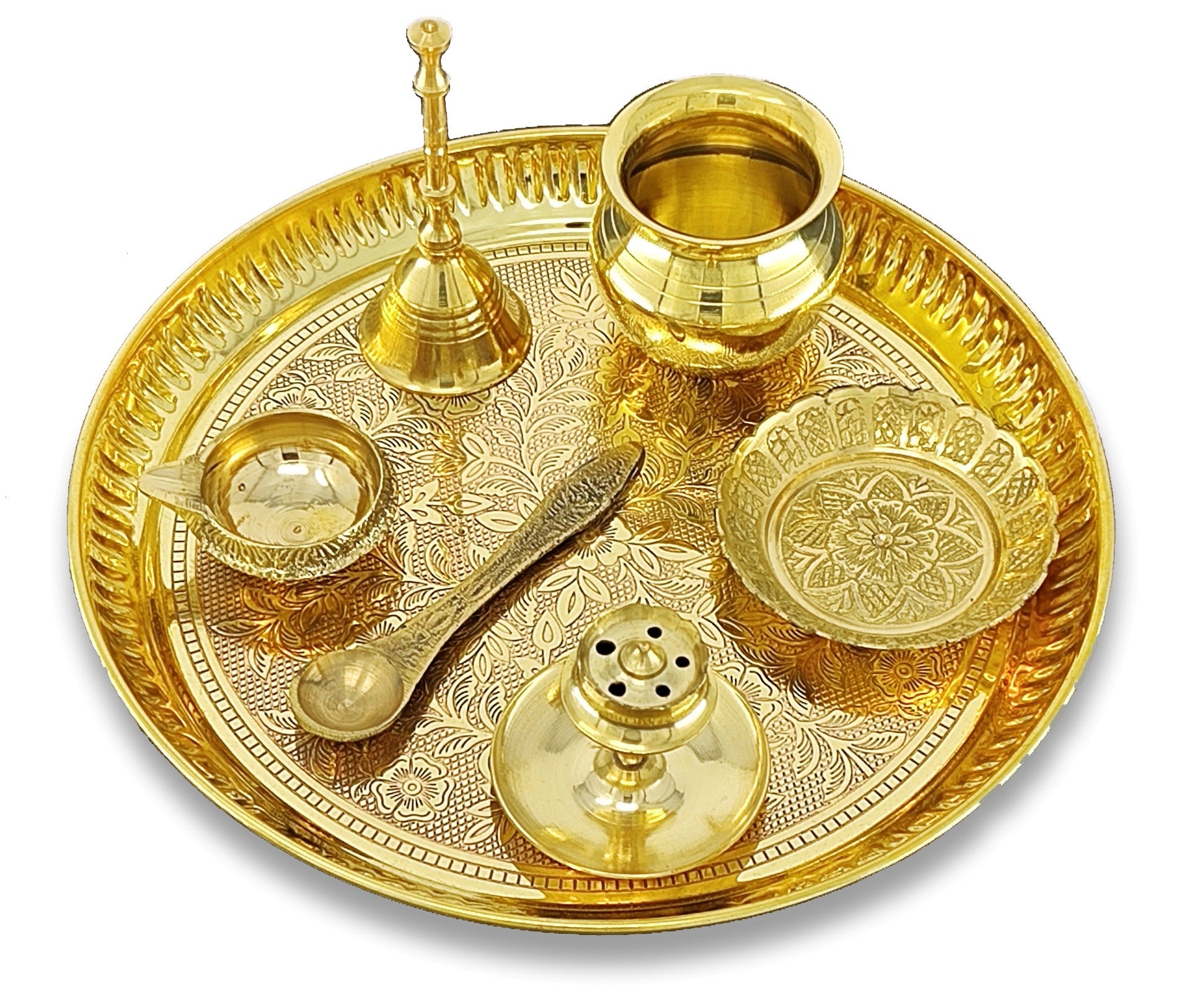 BENGALEN Brass Pooja Thali Set 8 Inch Puja Thali with Pital Designed Plate Kalash Kangura Plate Dhup Dan Kuber Diya Ghanti Palli for Diwali Home Office Mandir Wedding Return Gift Items