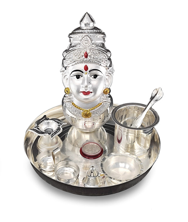 BENGALEN Silver Plated Pooja thali Set with Varalakshmi Devi Mukhota Idol Statue