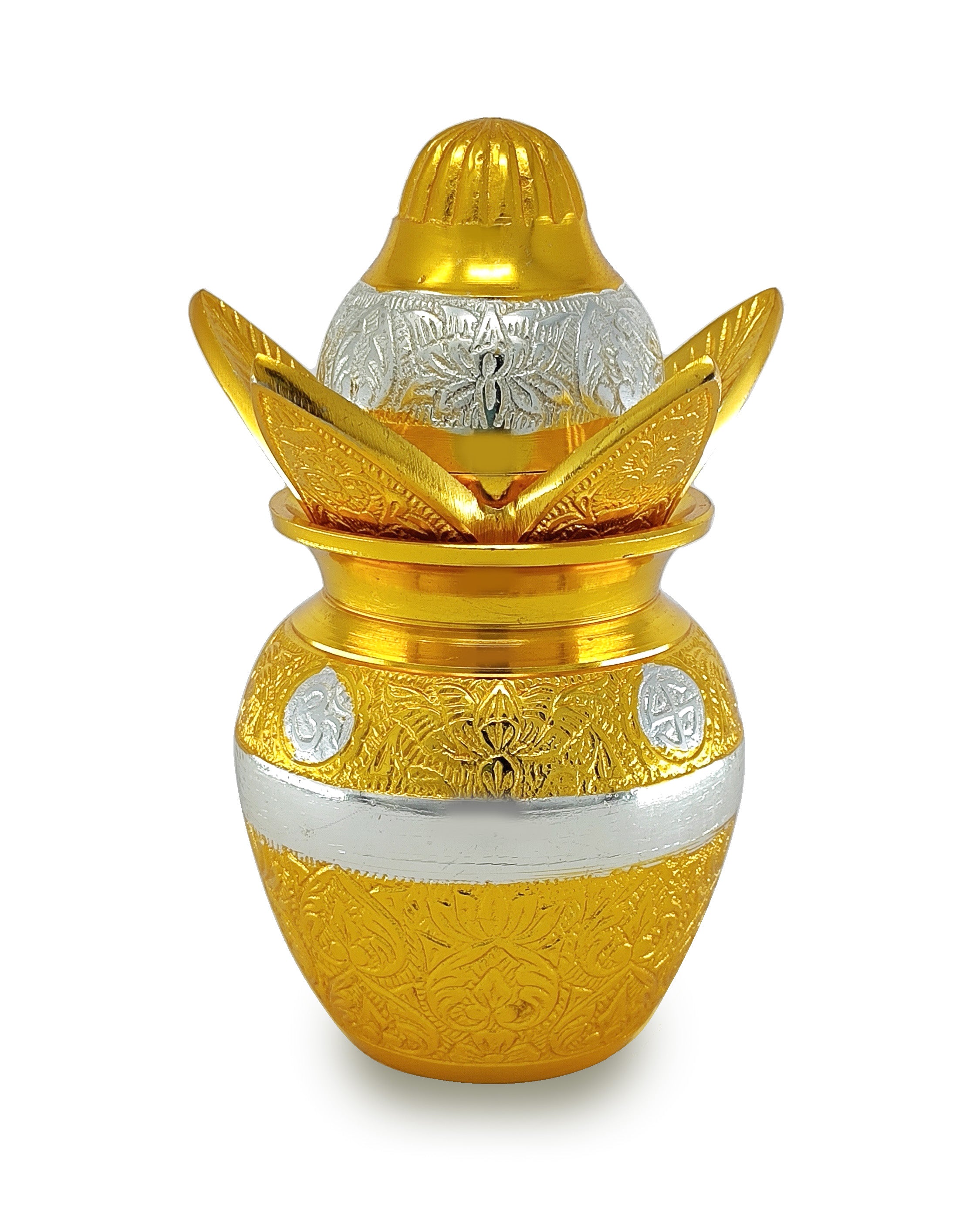 BENGALEN German Silver Gold Plated Pooja Kalash lota Coconut Leaves with Royal Velvet Box Poojan Home Temple Diwali Wedding Gift Items