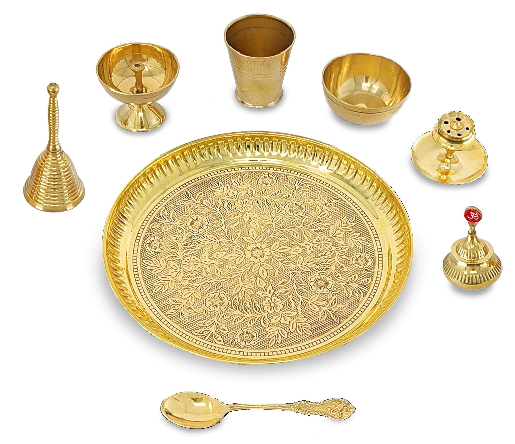 BENGALEN Brass Pooja Thali Set 8 Inch Puja Thali with Pital Plate Glass Bowl Piyali Diya Dhup Dan Sindoor Dibbi Ghanti Spoon Arti Thali for Diwali Home Office Mandir Wedding Return Gift Items