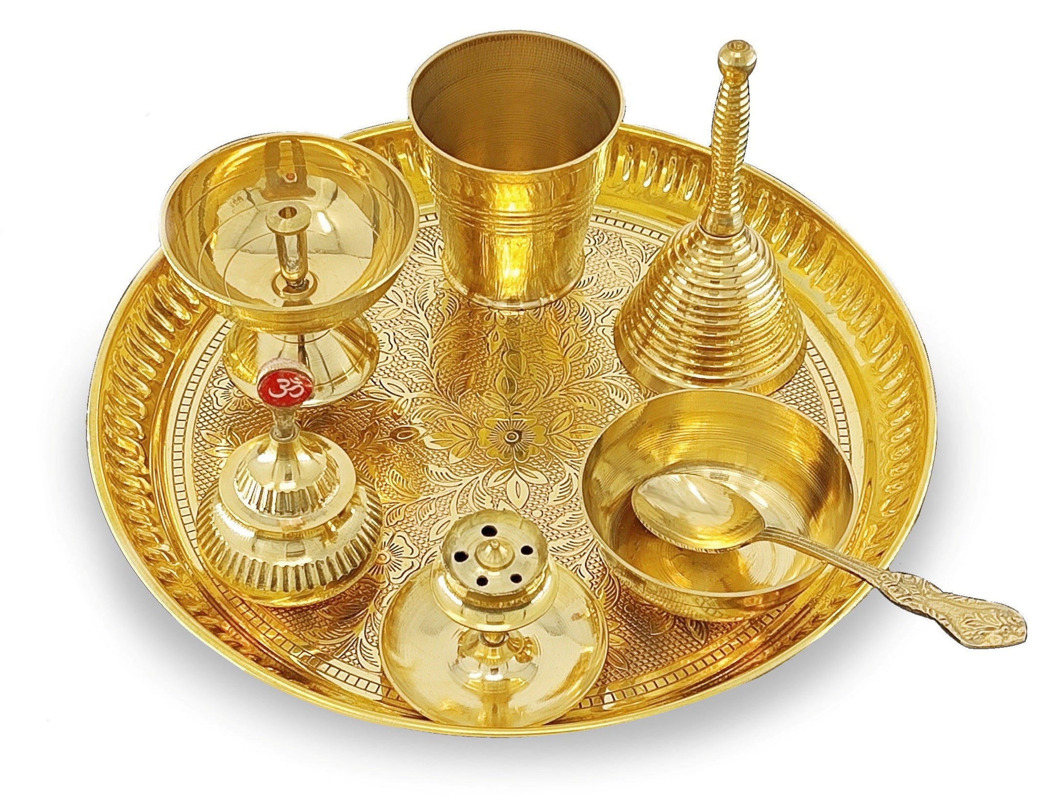 BENGALEN Brass Pooja Thali Set 8 Inch Puja Thali with Pital Plate Glass Bowl Piyali Diya Dhup Dan Sindoor Dibbi Ghanti Spoon Arti Thali for Diwali Home Office Mandir Wedding Return Gift Items