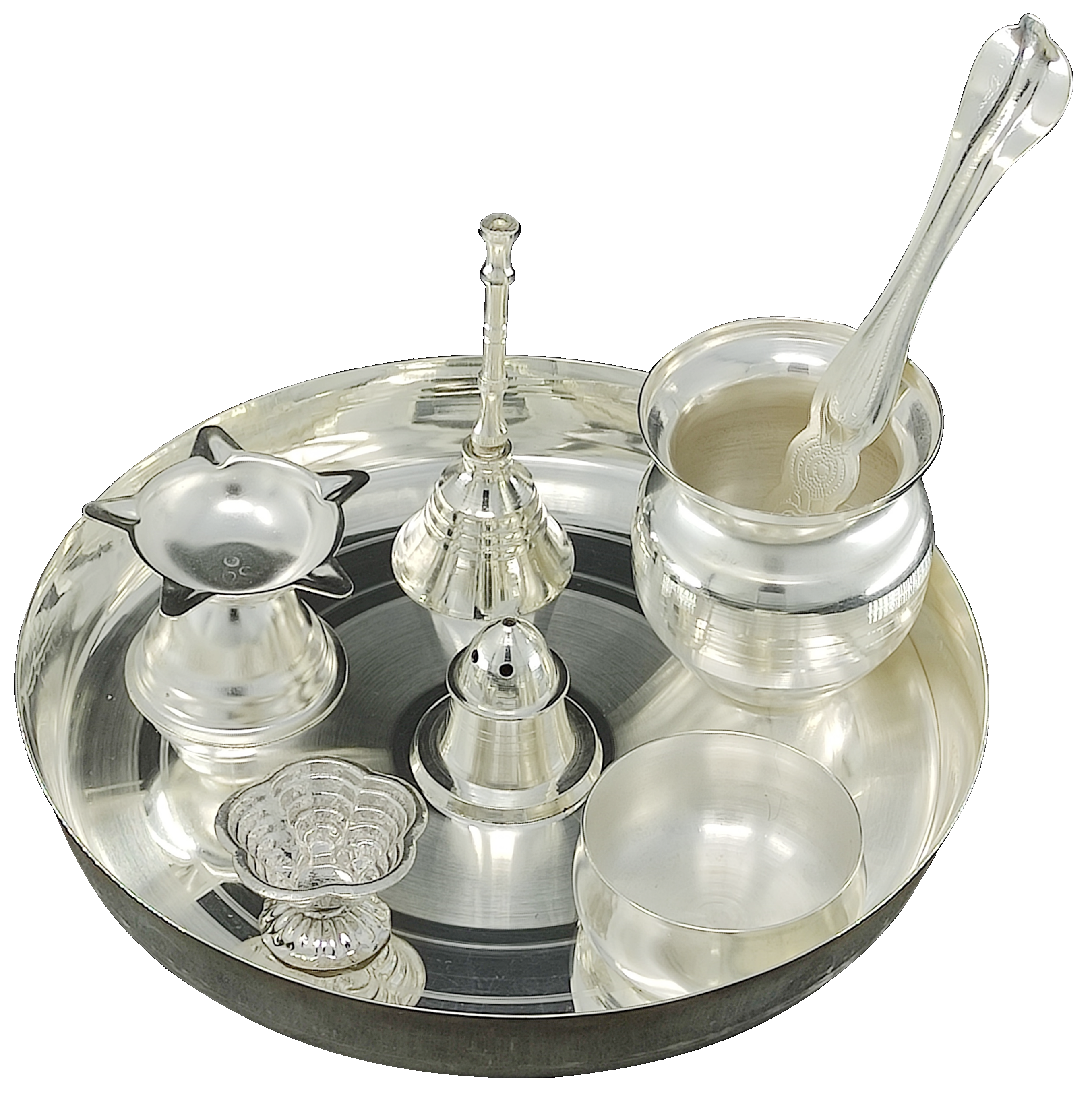 BENGALEN Silver Plated Pooja thali Set 7 Inch Plate Kalash Palli Diya Kumkum Stand Bowl Agarbatti Stand Daily Puja Thali for Diwali, Home, Temple, Office, Wedding Return Gift Items