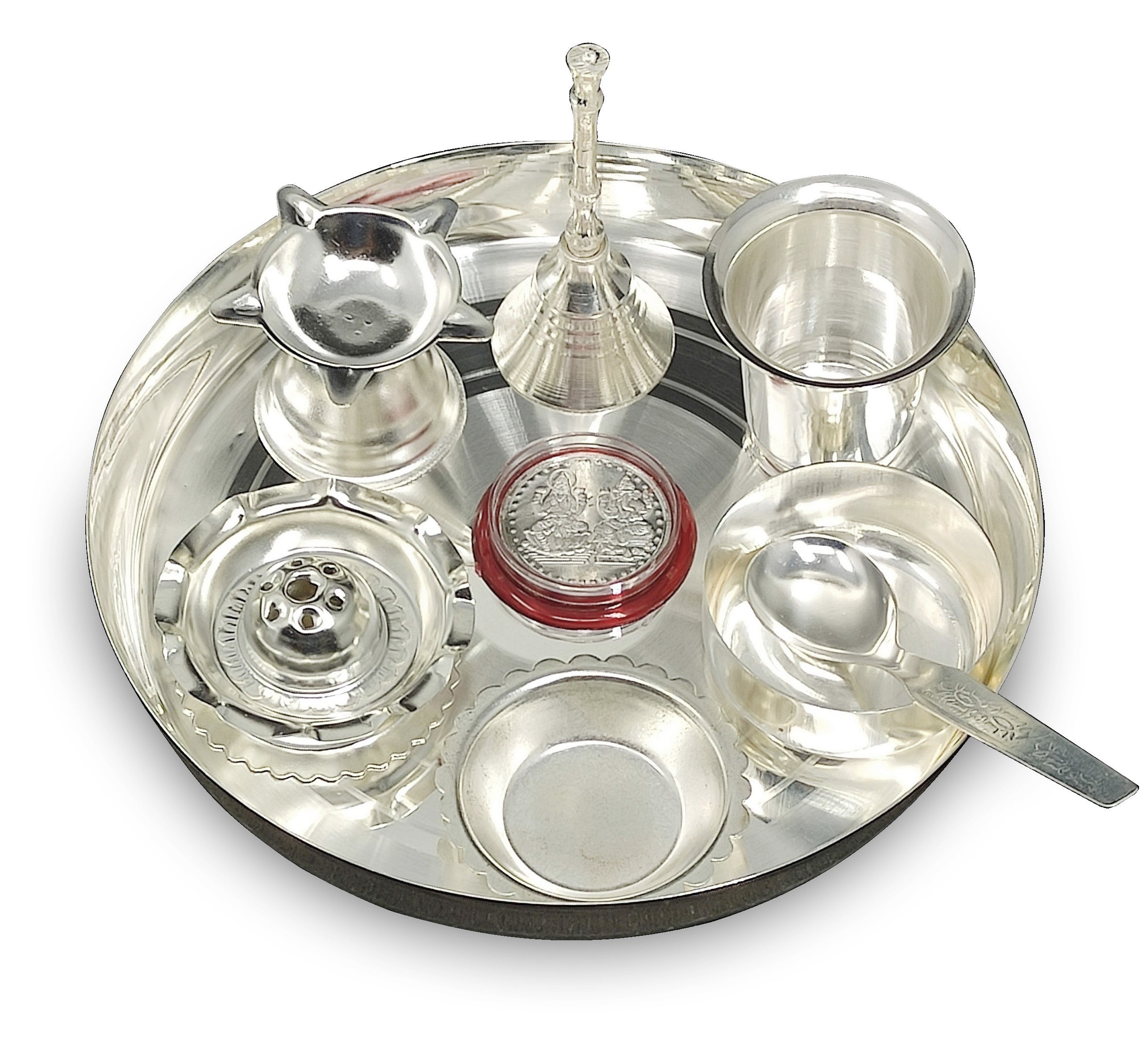 BENGALEN Silver Plated Pooja thali Set 7 Inch Plate Bowl Dhup Dan Diya Ghanti Glass Bowl Spoon Ganesh Lakshmi Desihn Coin Puja Thali for Diwali, Home, Temple, Office, Wedding Gift Items