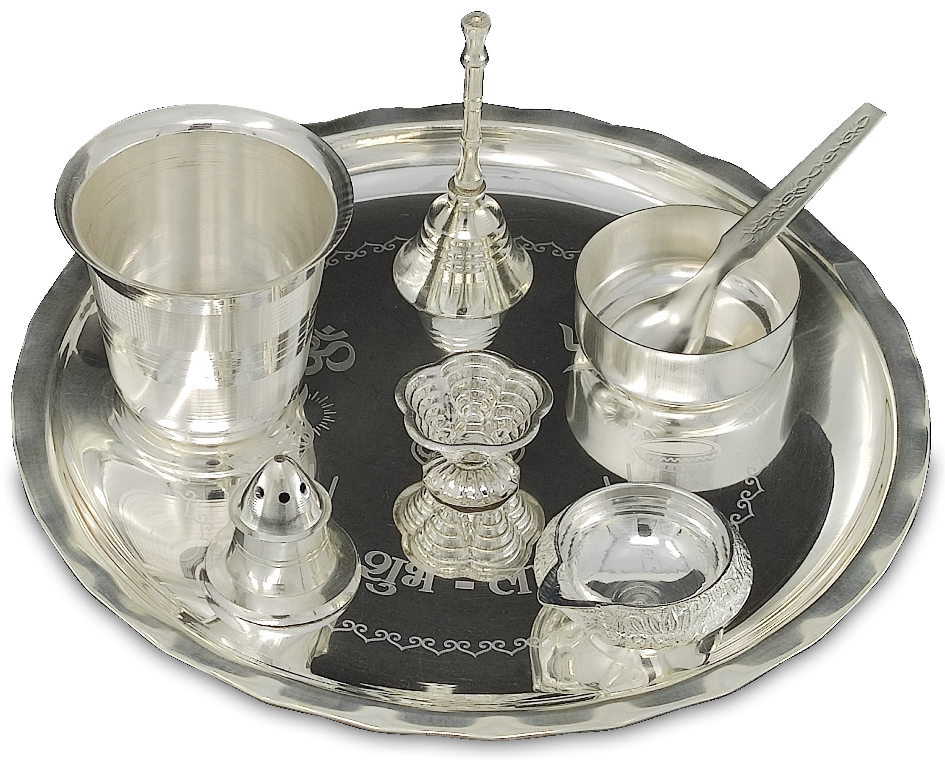 BENGALEN Silver Plated Pooja thali Set 8 Inch with Plate Ghanti Bowl Spoon Dhup Dan Kuber Diya Kumkum Stand Puja Thali for Diwali Home Mandir Office Wedding Return Gift Items