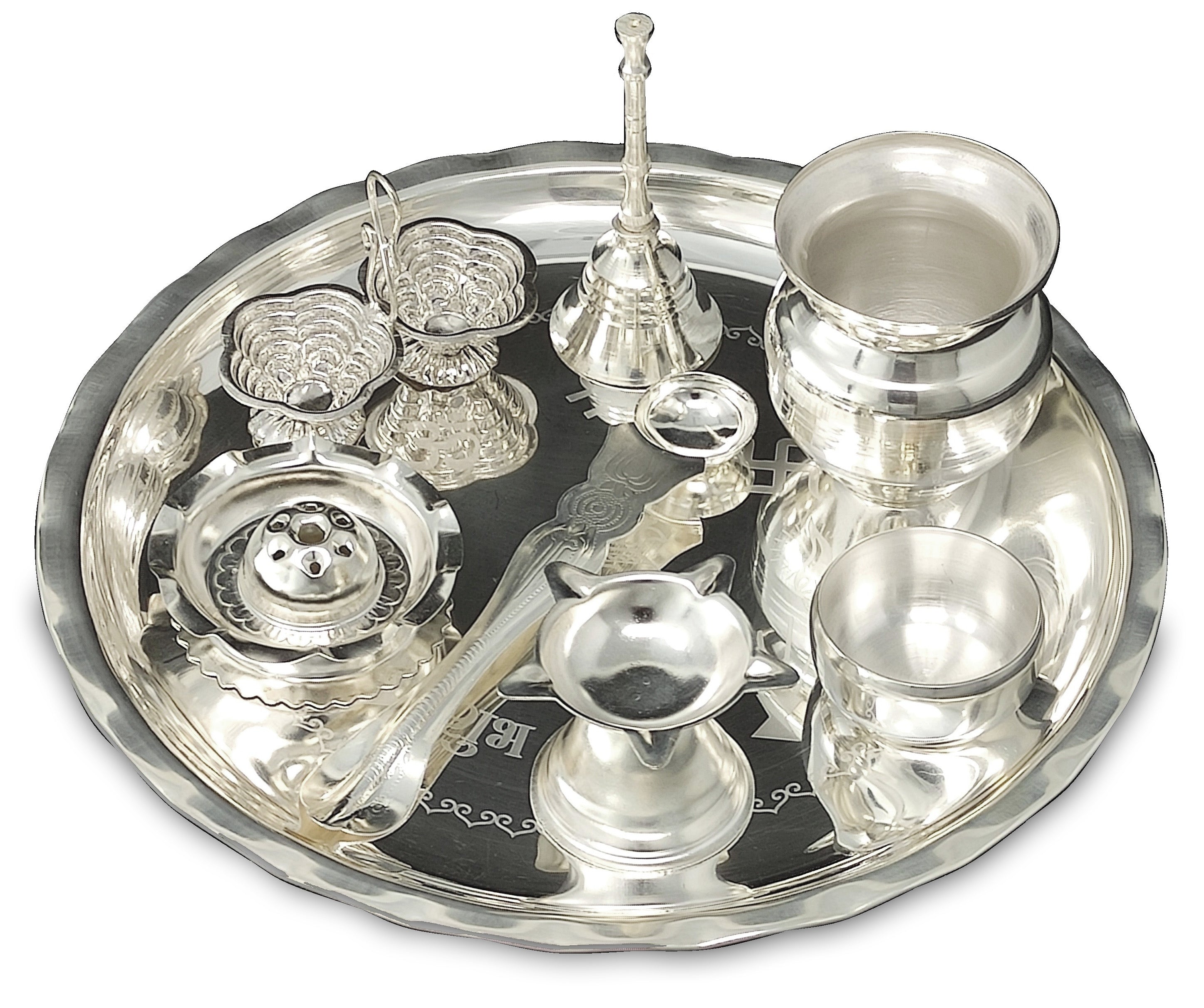 BENGALEN Silver Plated Pooja thali Set 8 Inch with Plate Ghanti Bowl Palli Dhup Dan Diya Kumkum Stand Puja Thali for Diwali Home Mandir Office Wedding Return Gift Items