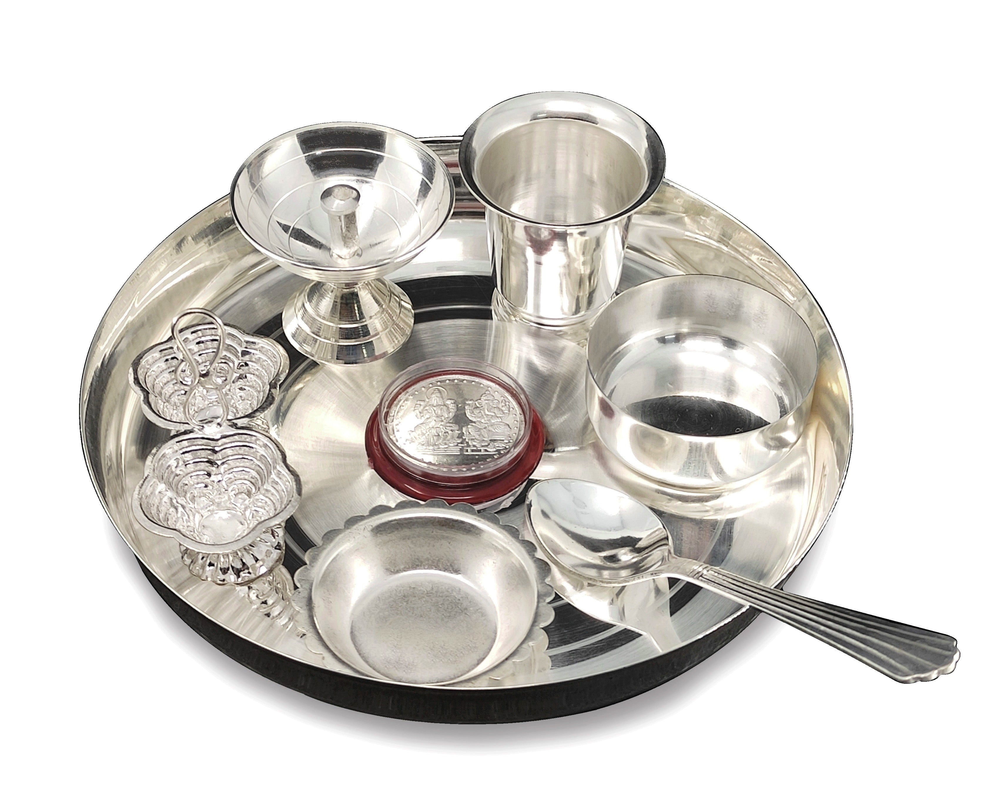 BENGALEN Silver Plated Pooja thali Set 7 Inch Plate Bowl Kumkum Holder Pyiali Diya Glass Bowl Spoon Ganesh Lakshmi Coin Puja Thali for Diwali, Home, Office, Temple, Wedding Return Gift Items