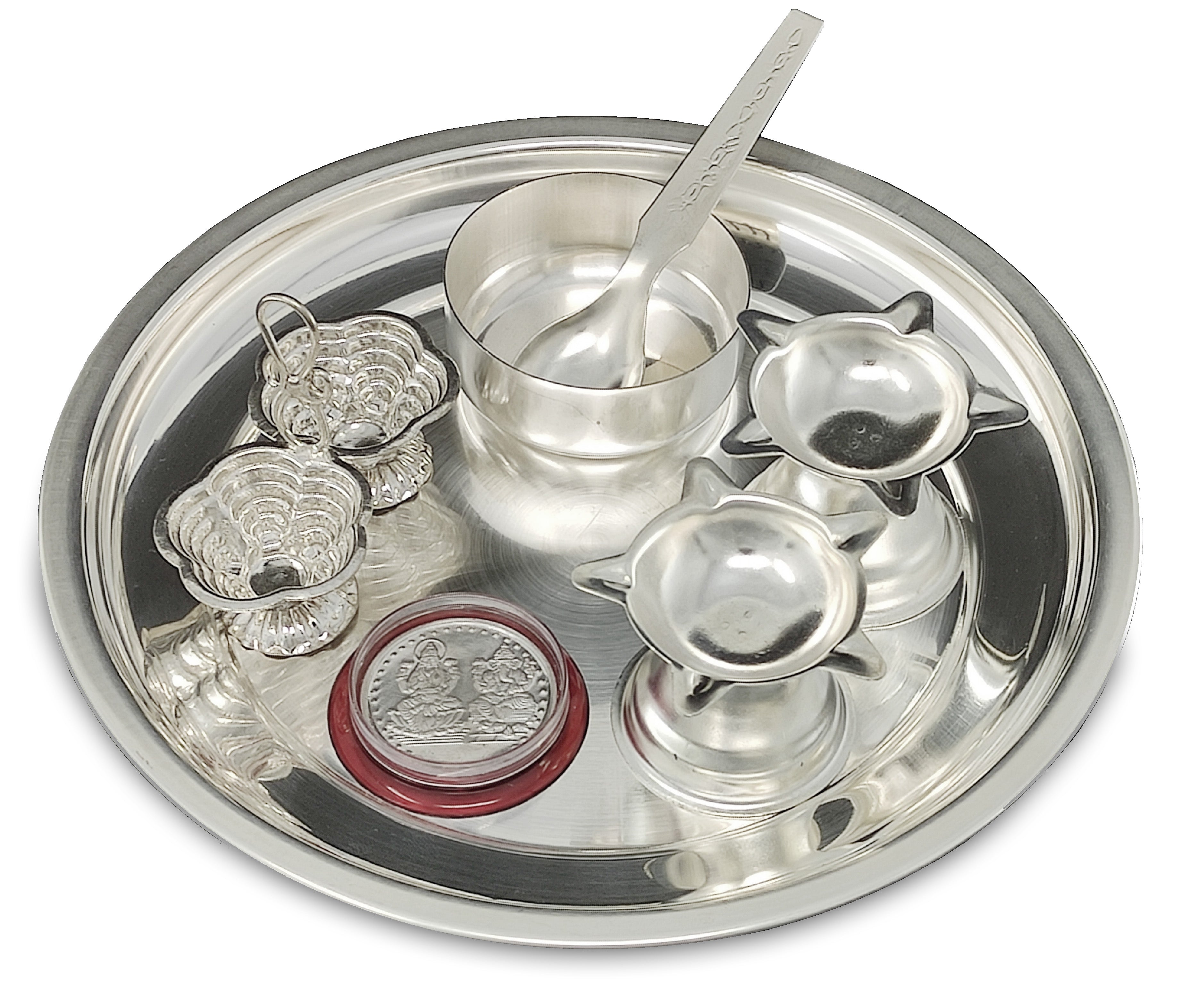 Bengalen Silver Plated Pooja Thali Set 07 Inch with Coin and Accessories Puja Decorative Gift Items for Home Mandir Office Wedding Return