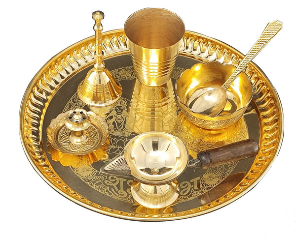 BENGALEN Brass Pooja Thali Set 8 Inch with Pital Puja Plate Glass Bowl Spoon Diya Ghanti Dhup Dan Arti Thali for Diwali Home Office Mandir Wedding Return Gift Items