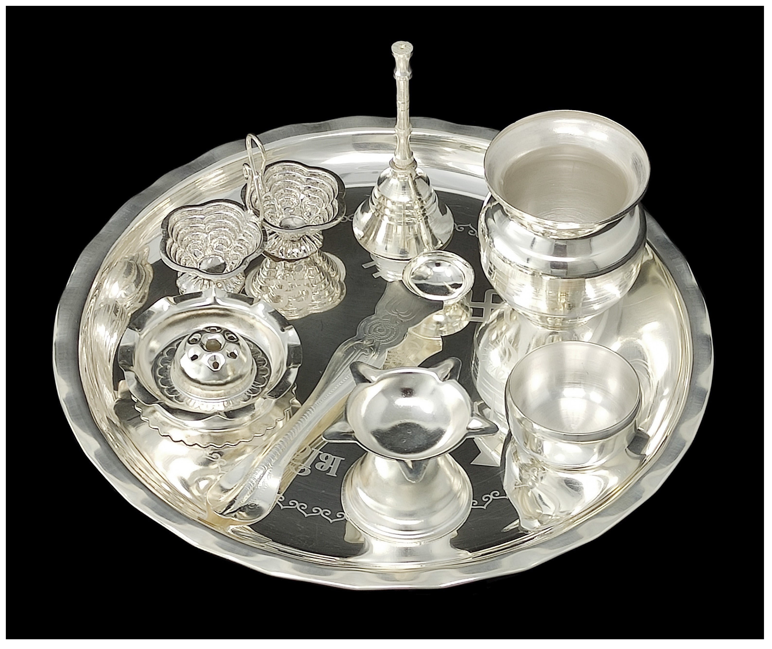 BENGALEN Silver Plated Pooja thali Set 8 Inch with Plate Ghanti Bowl Palli Dhup Dan Diya Kumkum Stand Puja Thali for Diwali Home Mandir Office Wedding Return Gift Items