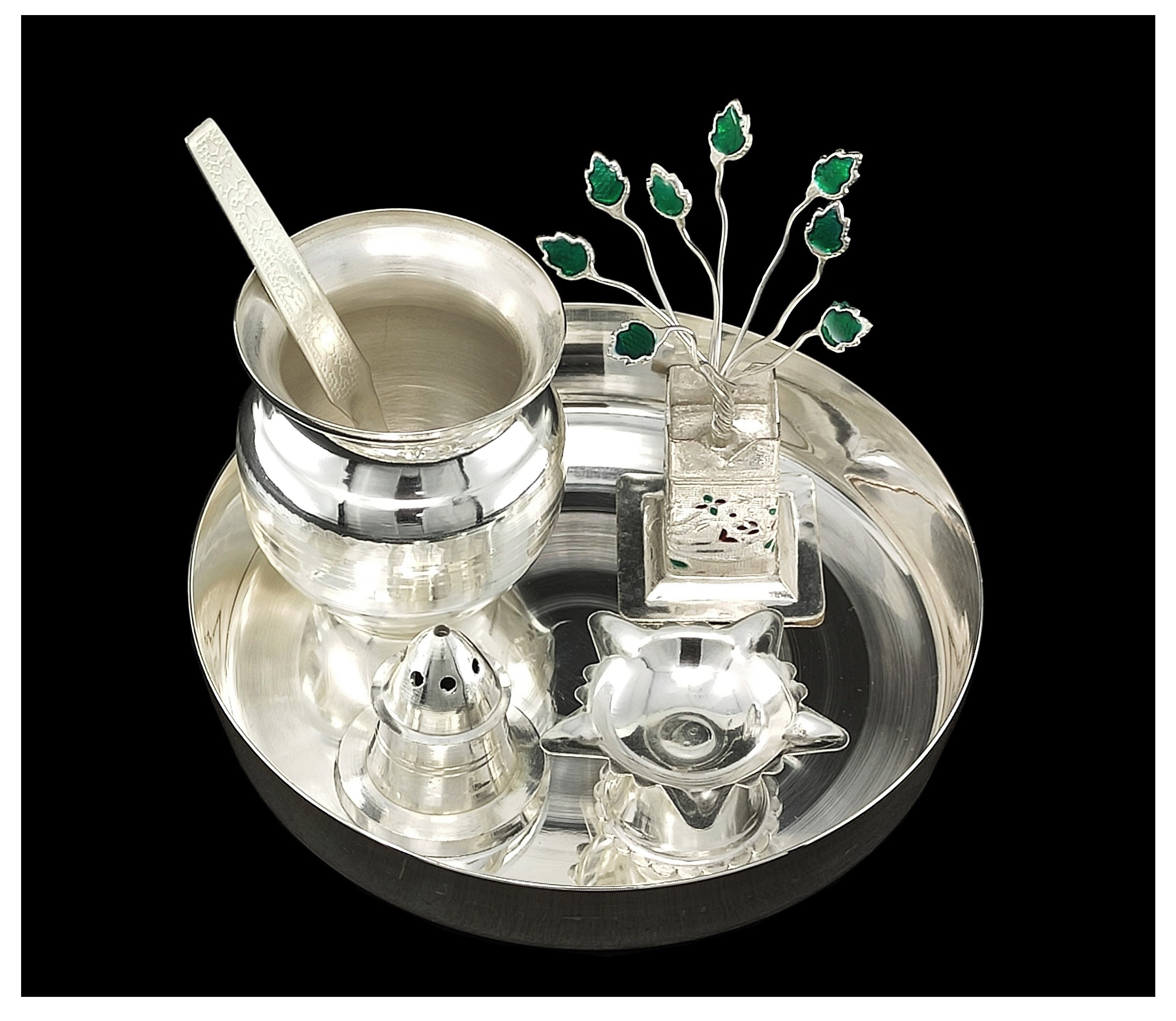 BENGALEN Silver Plated Pooja Thali Set 5 Inch Plate Agarbatti Stand Kalash Spoon Diya Tulsi Idol Premium Puja Decorative for Home Office Wedding Return Gift Items