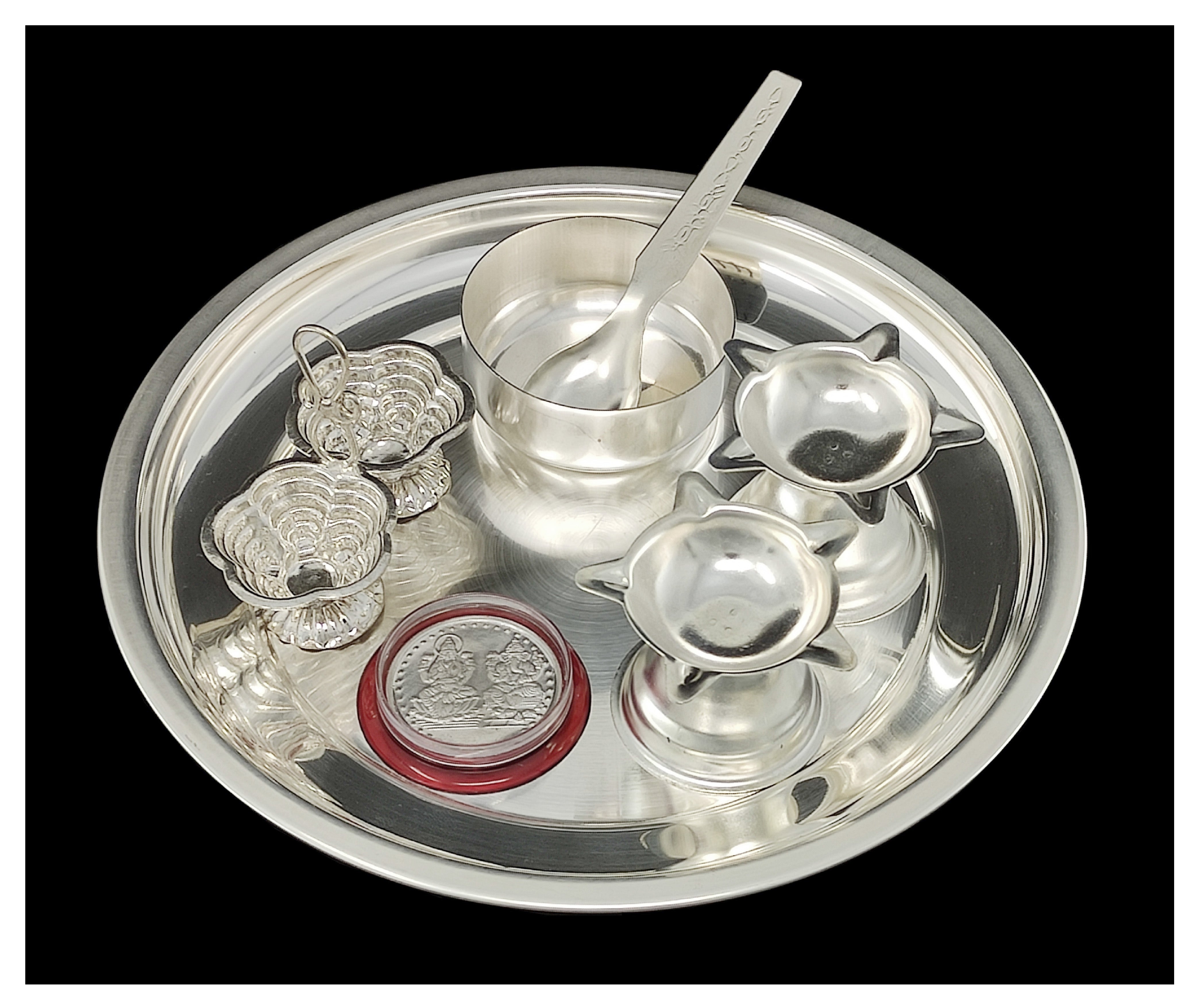 Bengalen Silver Plated Pooja Thali Set 07 Inch with Coin and Accessories Puja Decorative Gift Items for Home Mandir Office Wedding Return