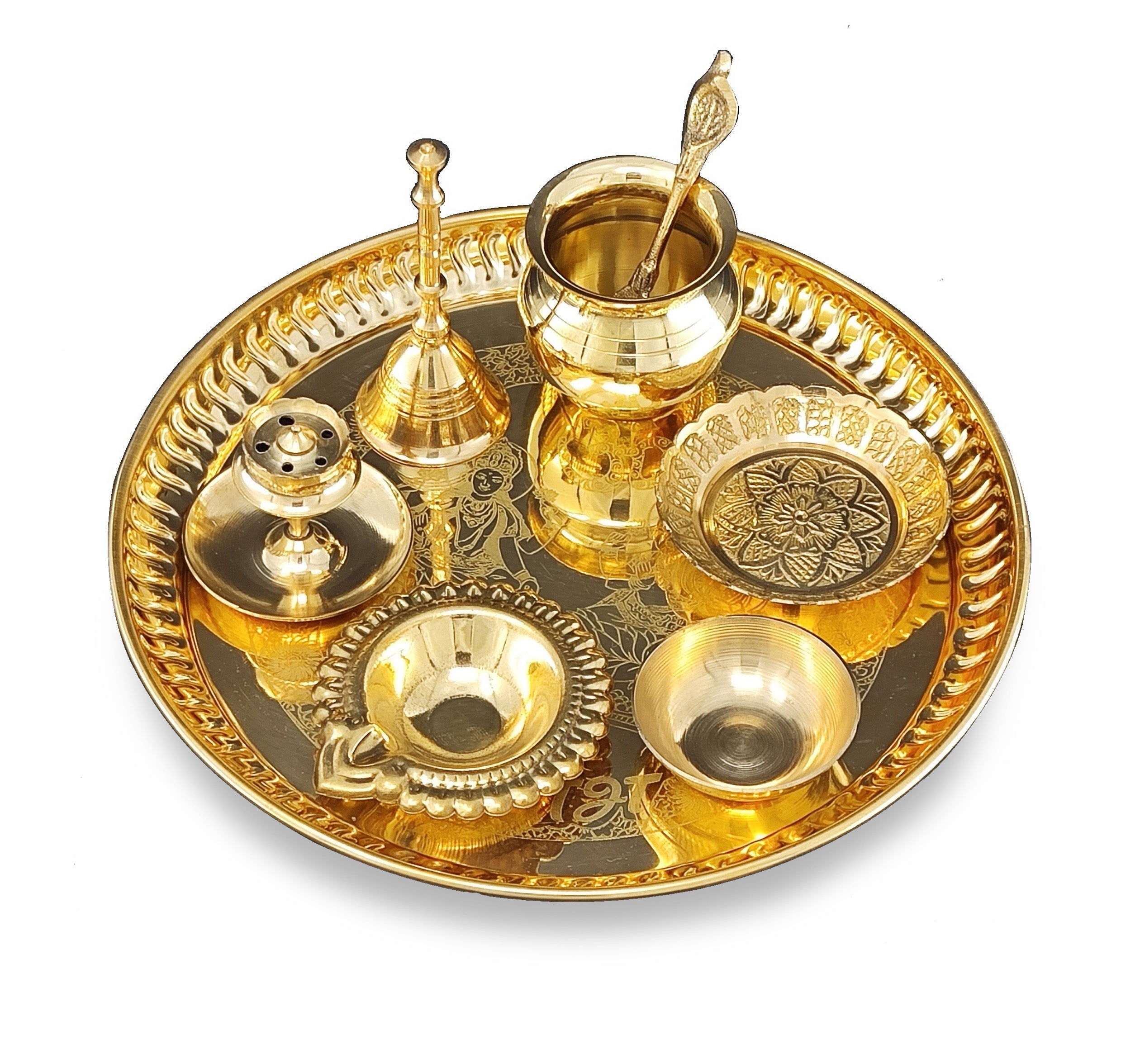 BENGALEN Brass Pooja Thali Set 8 Inch Puja Items with Pital Plate Kalash Palli Kangura Plate Chandan Vati Diya Dhup Dan Ghanti Arti Thali for Diwali Home Office Mandir Wedding Return Gift Items