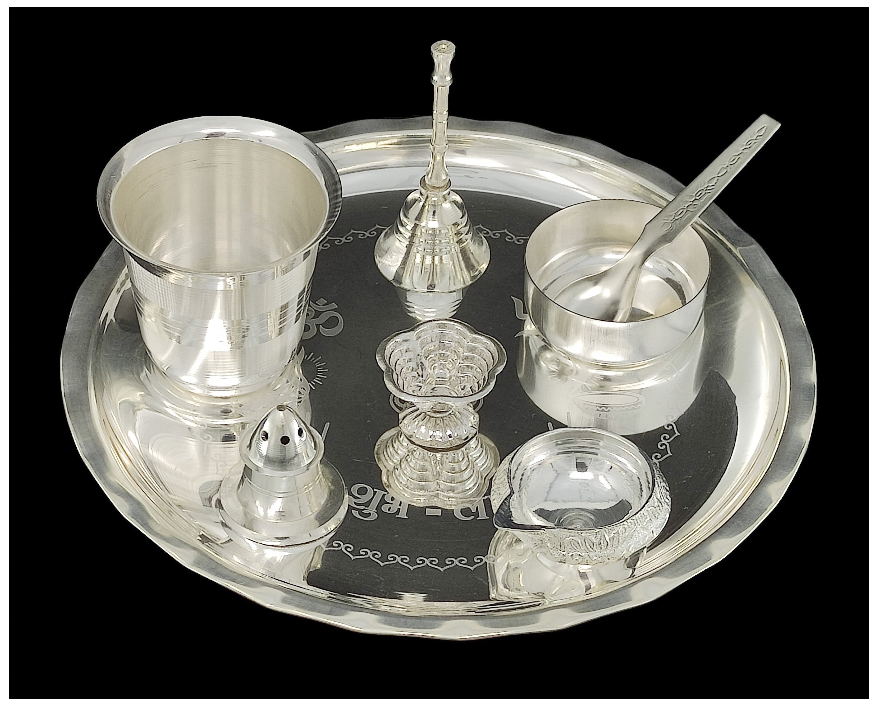 BENGALEN Silver Plated Pooja thali Set 8 Inch with Plate Ghanti Bowl Spoon Dhup Dan Kuber Diya Kumkum Stand Puja Thali for Diwali Home Mandir Office Wedding Return Gift Items